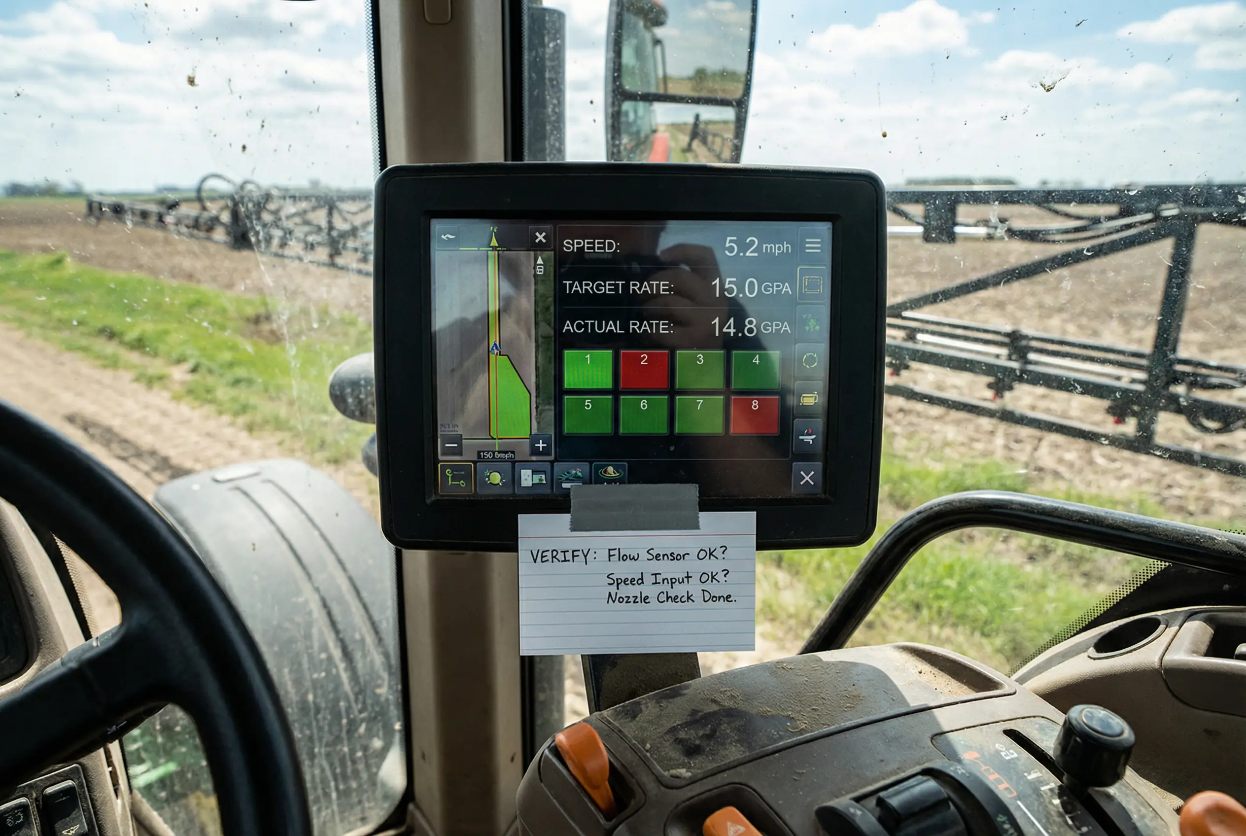 Tractor cab display showing sprayer target rate and actual rate with a checklist for verifying flow sensor and speed input.