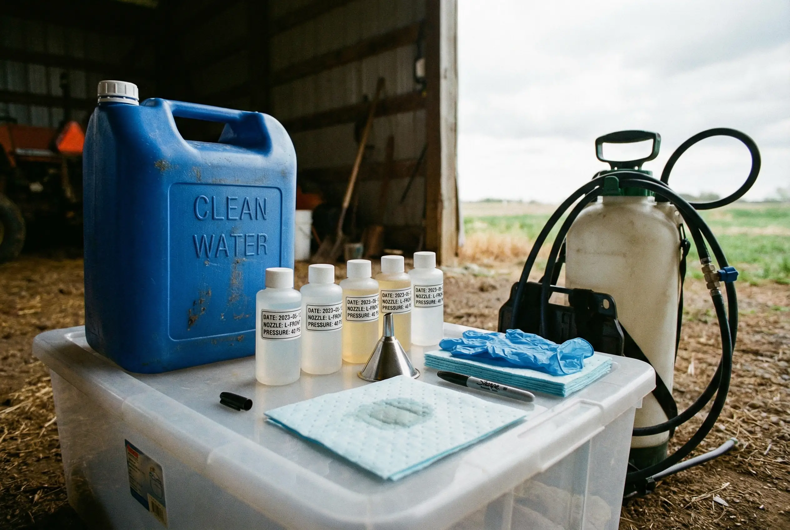 Calibration station with labeled sample bottles, gloves, absorbent pads, and a clean water jug set beside a sprayer.