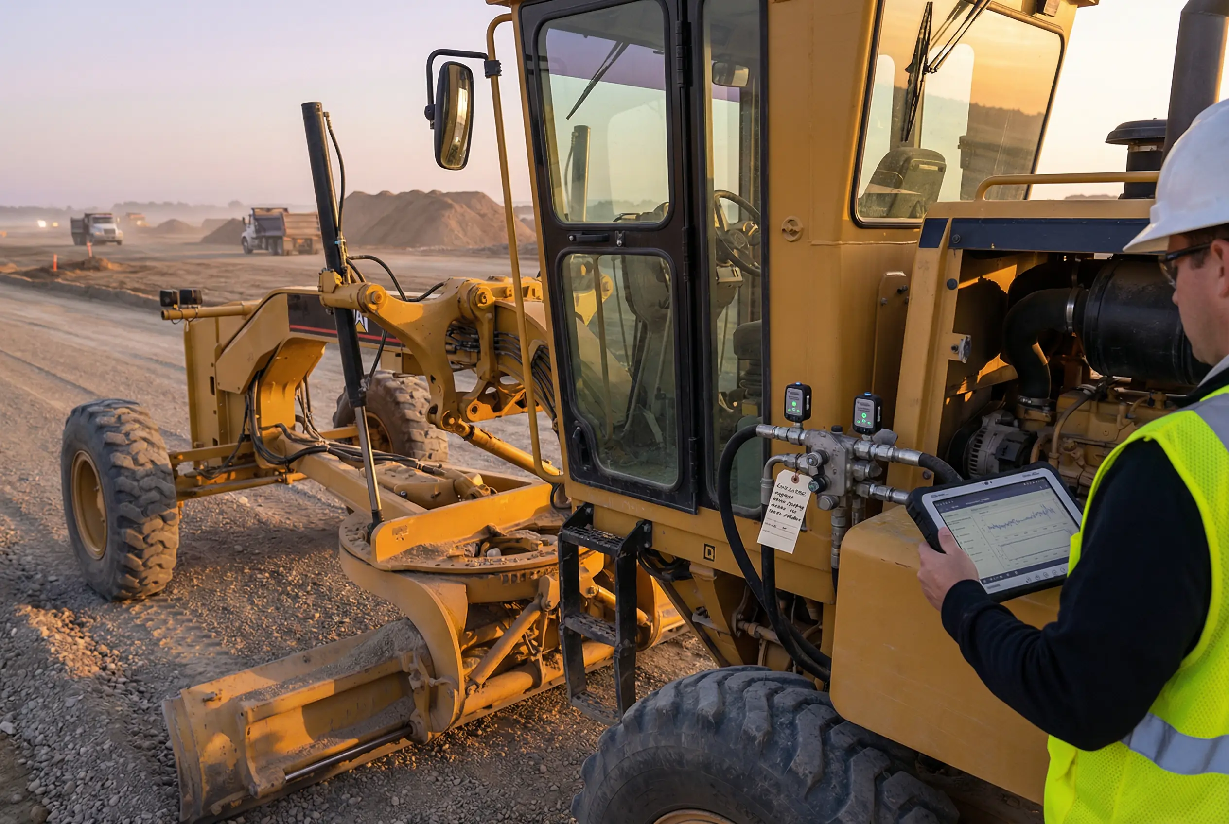 Motor grader on a gravel road base while a technician uses a tablet to review hydraulic pressure sensor data at sunrise.