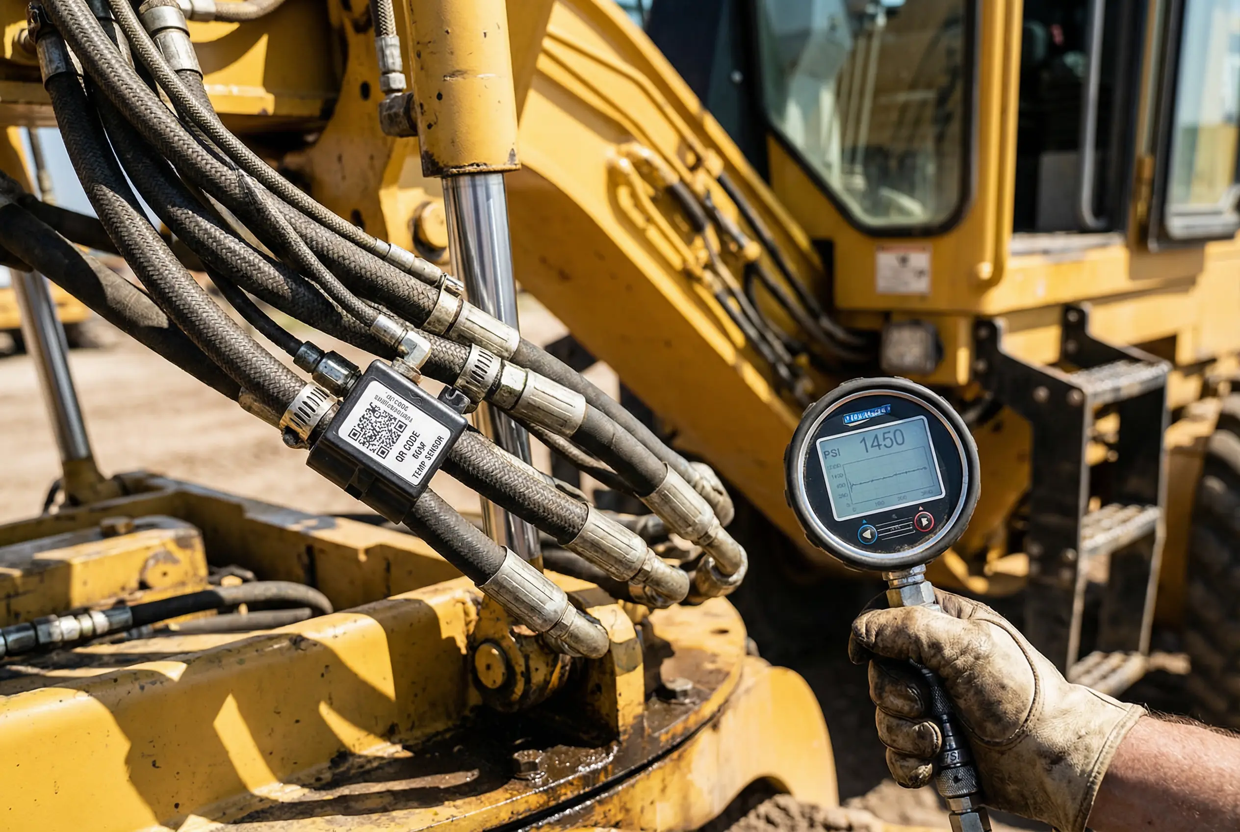 Close-up of motor grader hydraulic hoses with an inline temperature sensor and a technician checking a test port with a digital gauge.