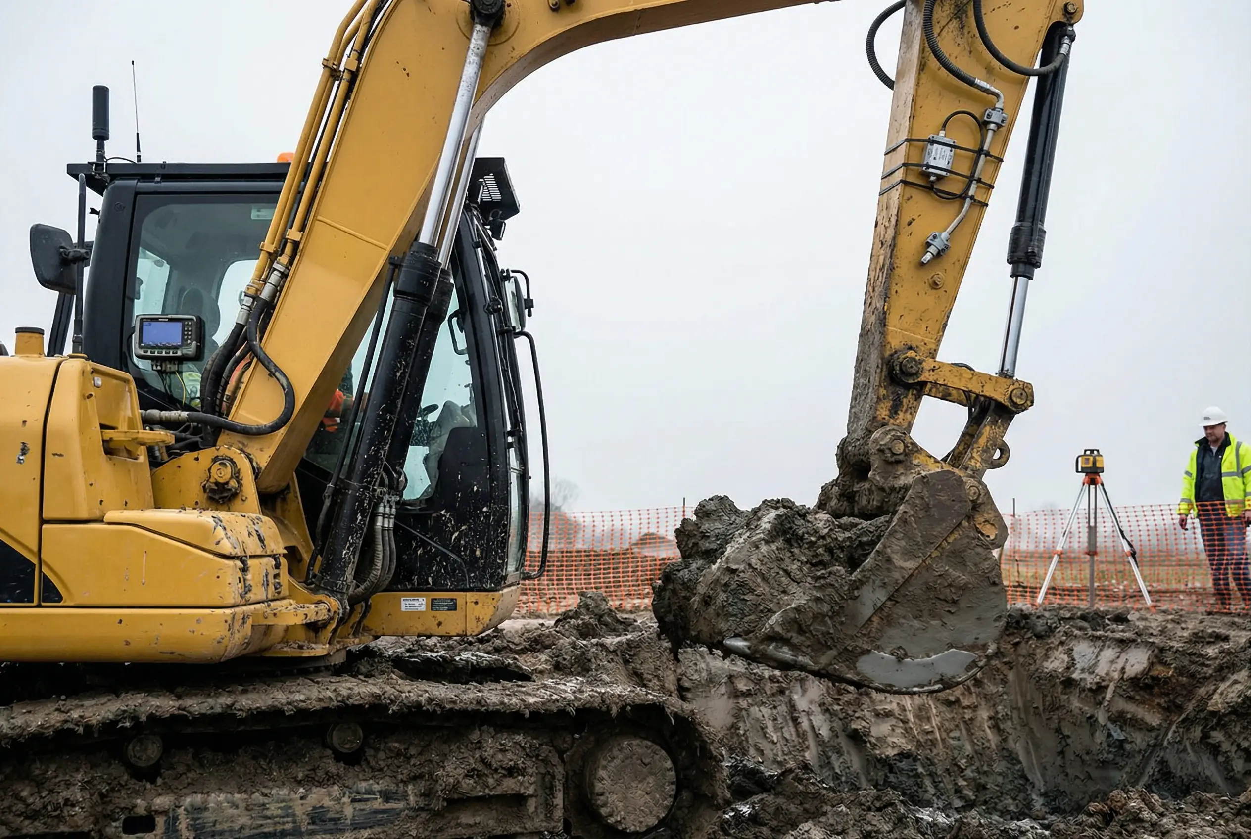 Crawler excavator digging a trench with mud-covered tracks and a visible sensor mounted on the boom near hydraulic lines.