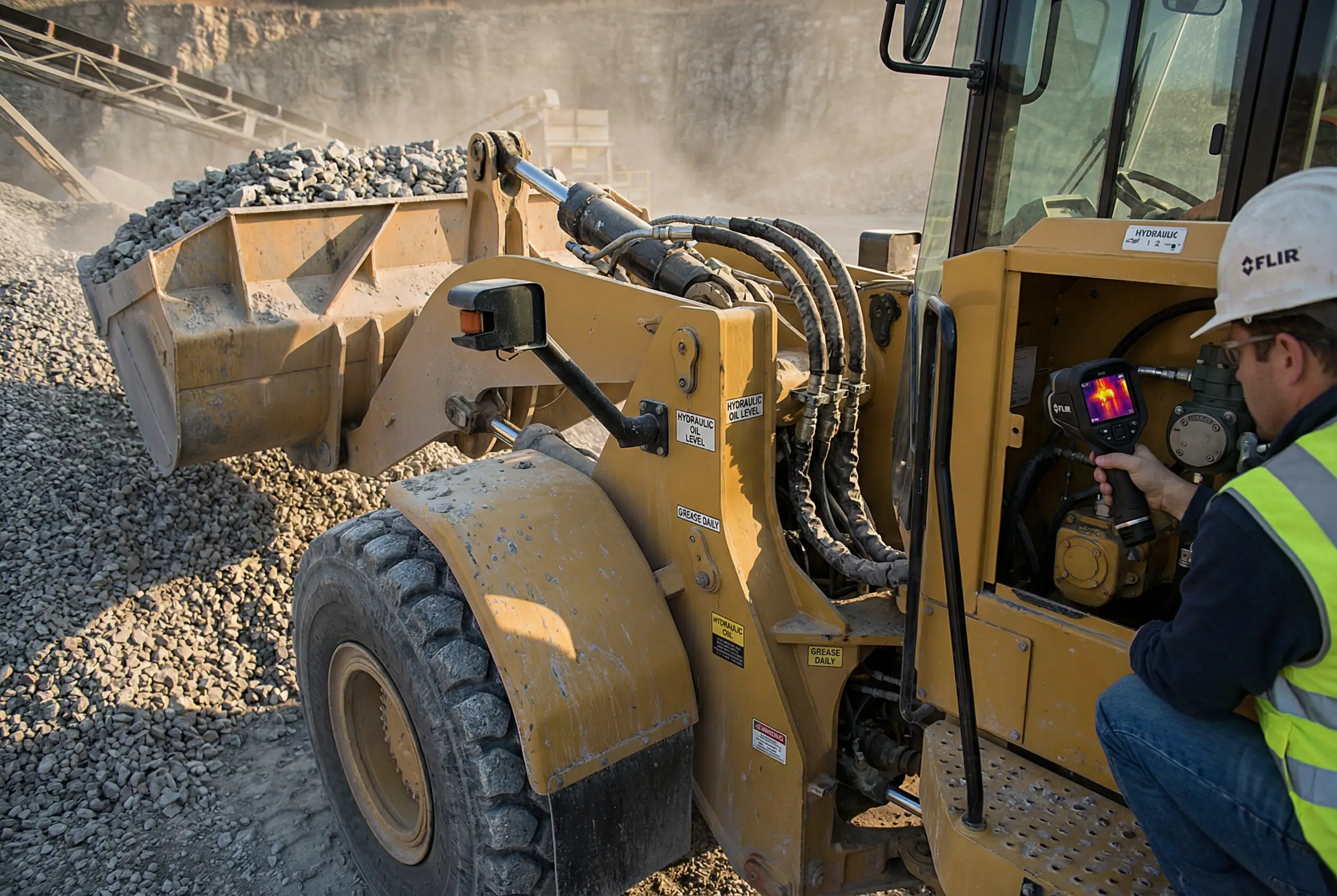 Wheel loader at a quarry while a technician uses a thermal camera near the hydraulic pump area to identify heat patterns.