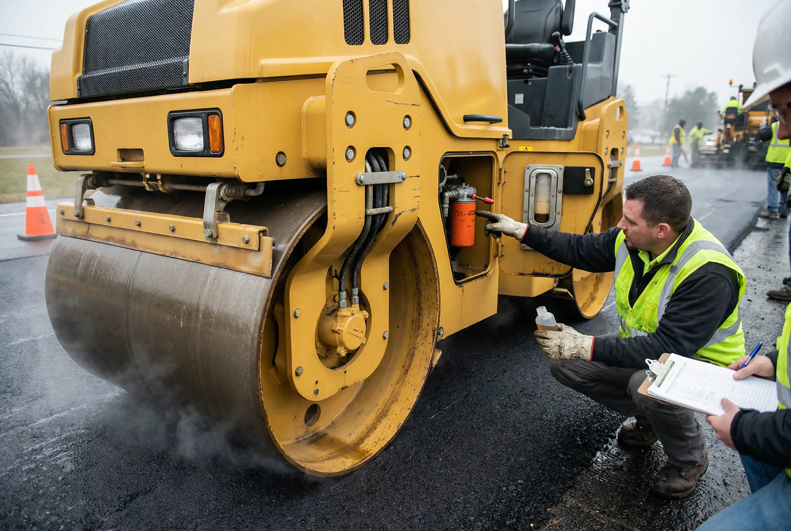 Road roller on fresh asphalt with side panel open while a mechanic checks a hydraulic filter indicator and holds an oil sample bottle.