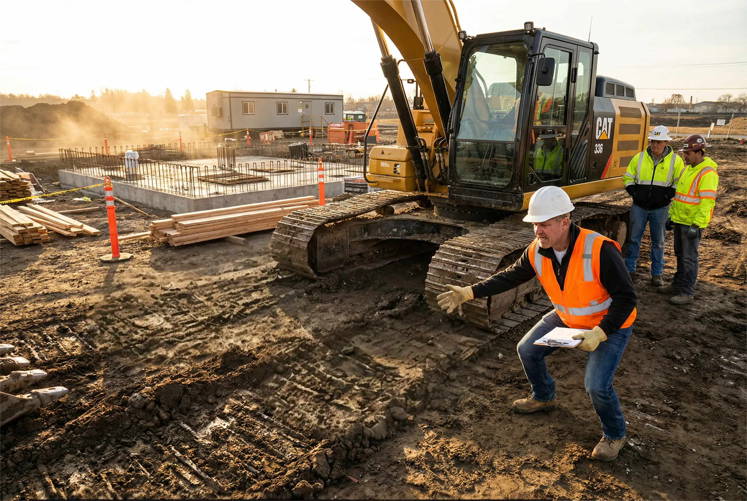 Construction manager inspecting failed excavator track chain at job site showing emergency equipment breakdown situation