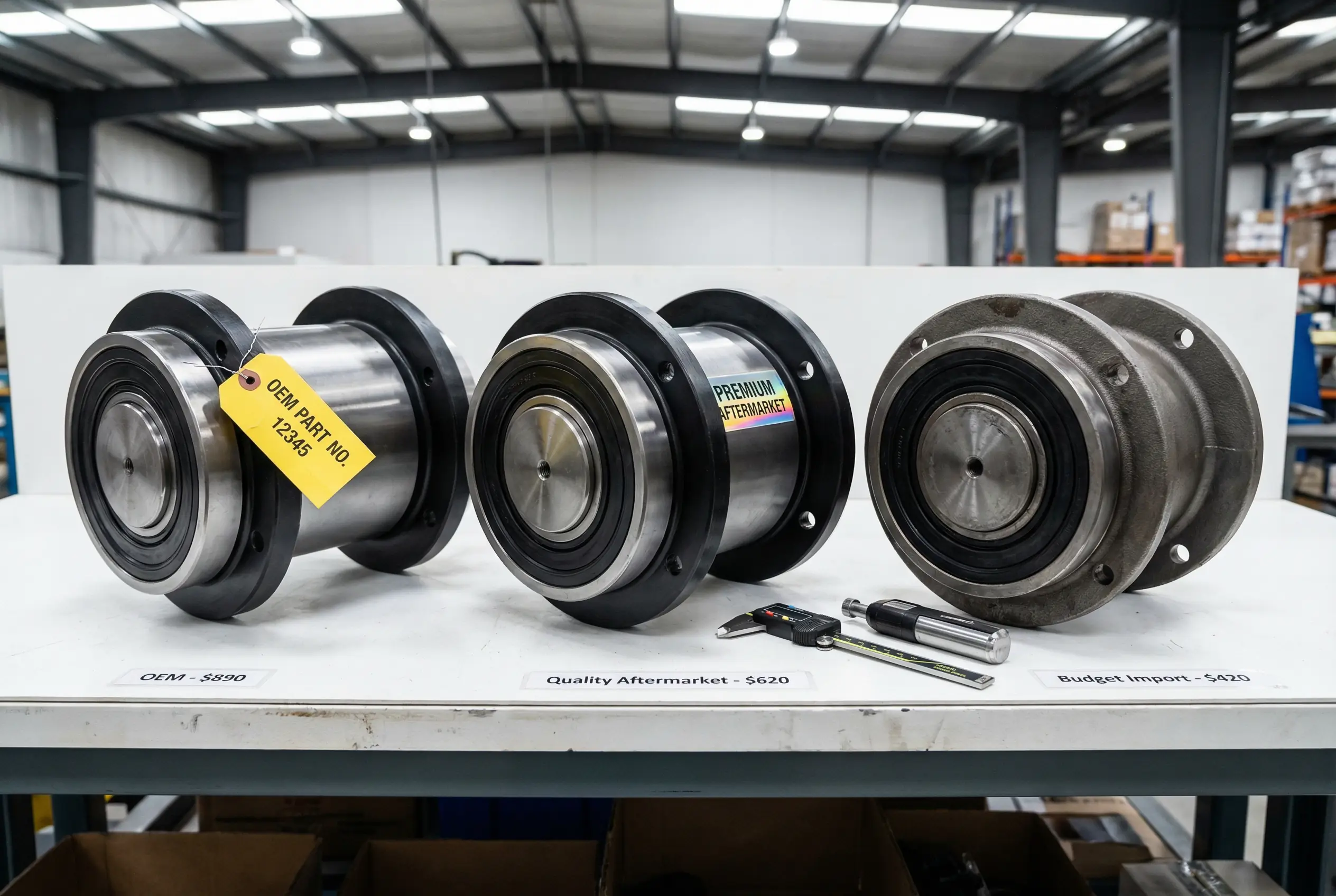 Side-by-side comparison of OEM, quality aftermarket, and budget track roller assemblies showing manufacturing quality differences