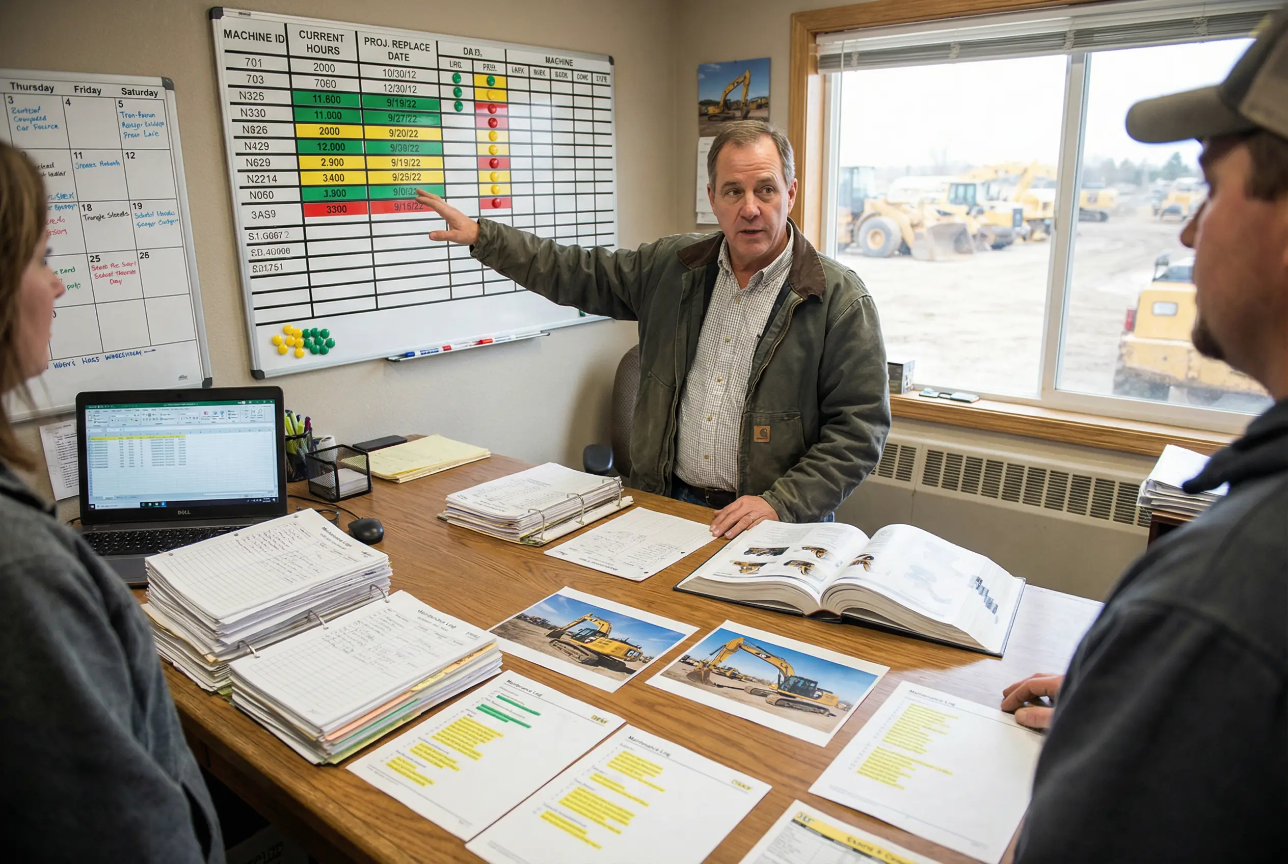 Fleet managers reviewing maintenance schedules and parts forecasting timeline to prevent equipment downtime and emergency sourcing