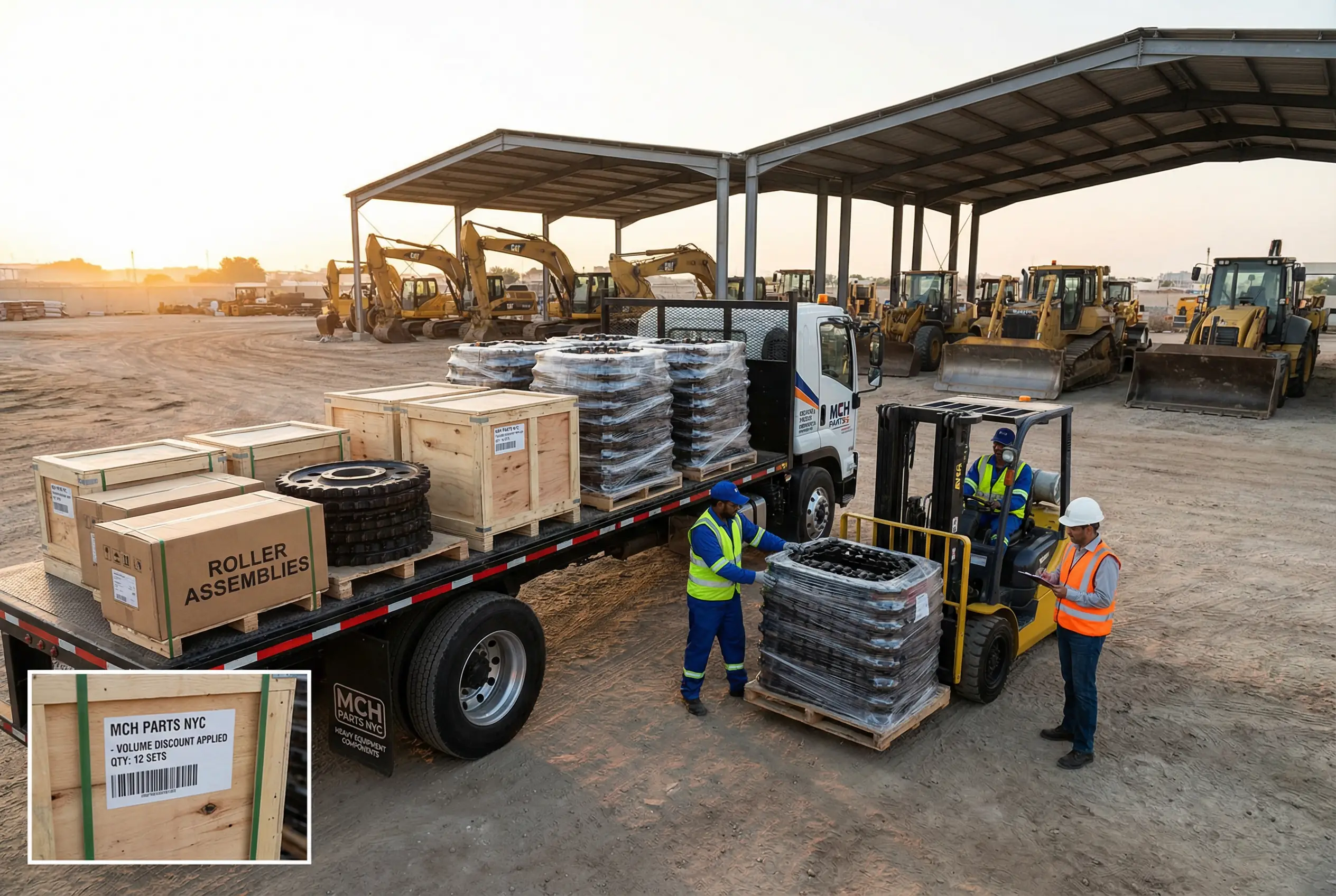 Flatbed truck delivering bulk order of undercarriage parts including track chains and rollers to construction equipment yard