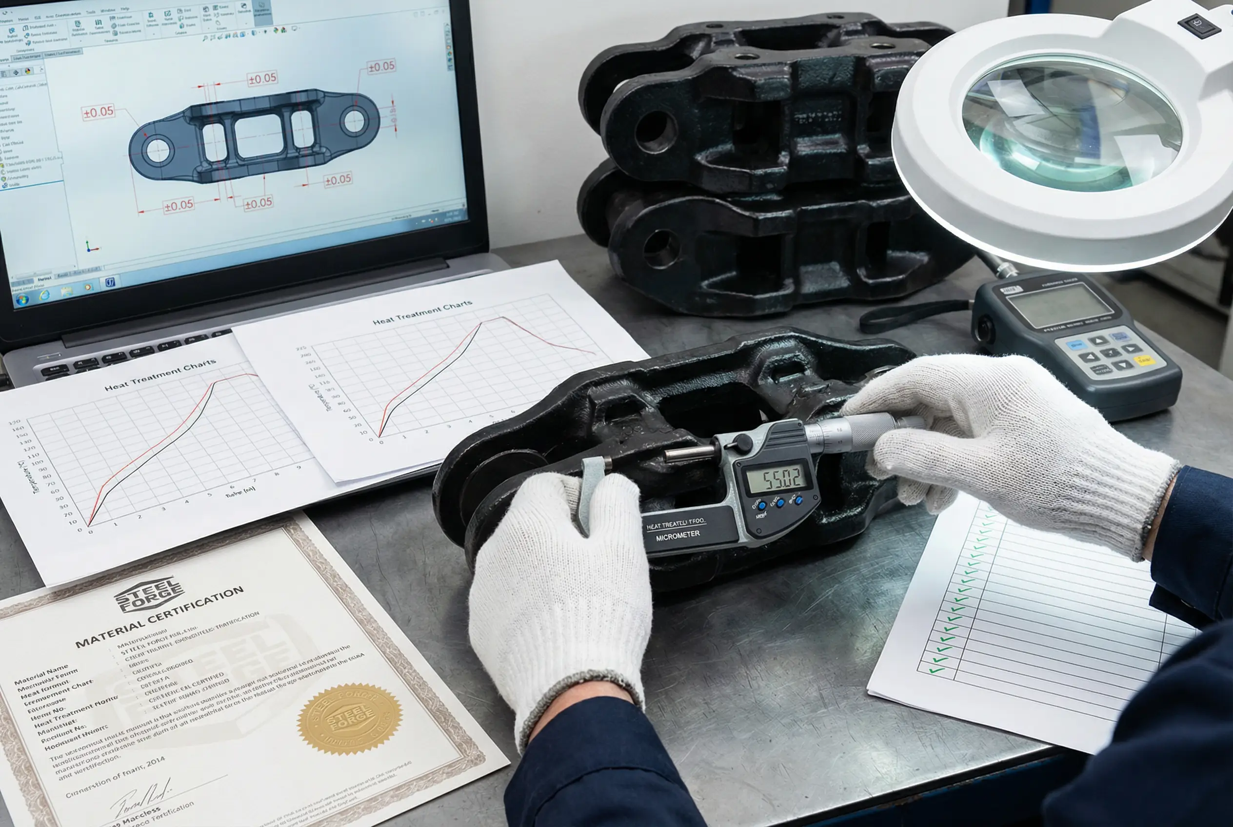 Quality inspector measuring track link dimensions with digital micrometer alongside material certifications and inspection documentation