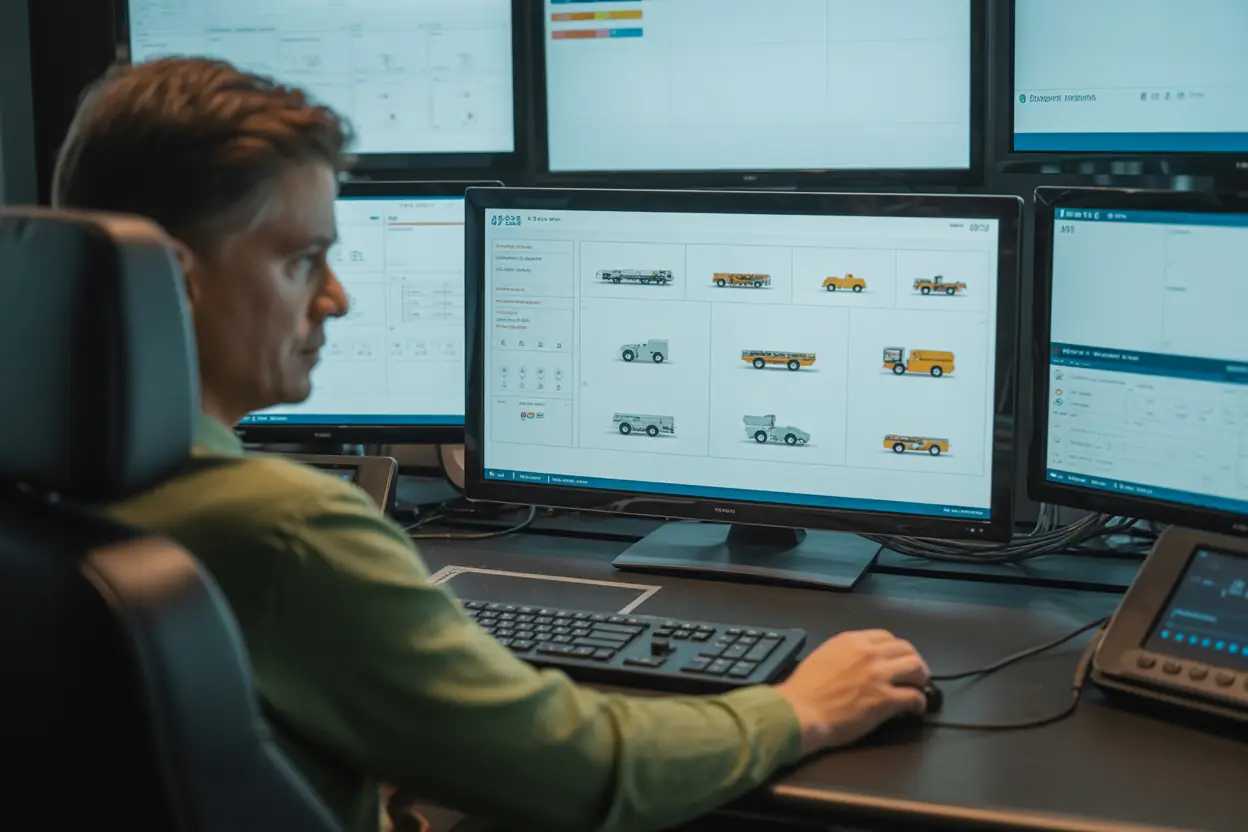 Multi-brand earthmoving fleet management dashboard showing real-time GPS tracking, telematics data, and maintenance schedules across multiple monitors