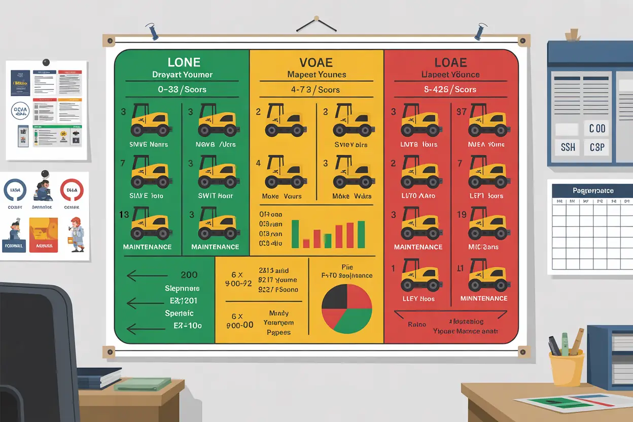 Fleet age segmentation chart showing maintenance requirements for new, mid-life, and legacy earthmoving equipment across multiple brands