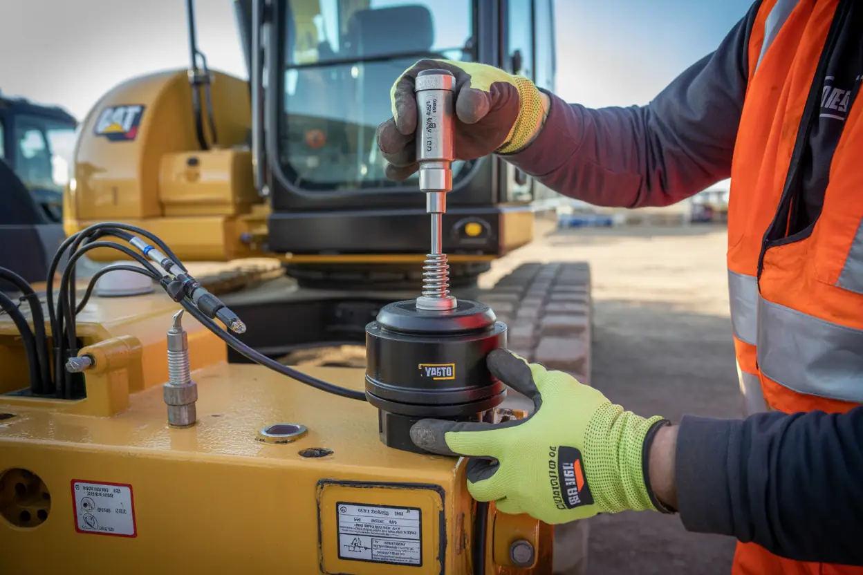Technician installing remote monitoring telematics sensor on excavator hydraulic system for predictive maintenance and downtime prevention