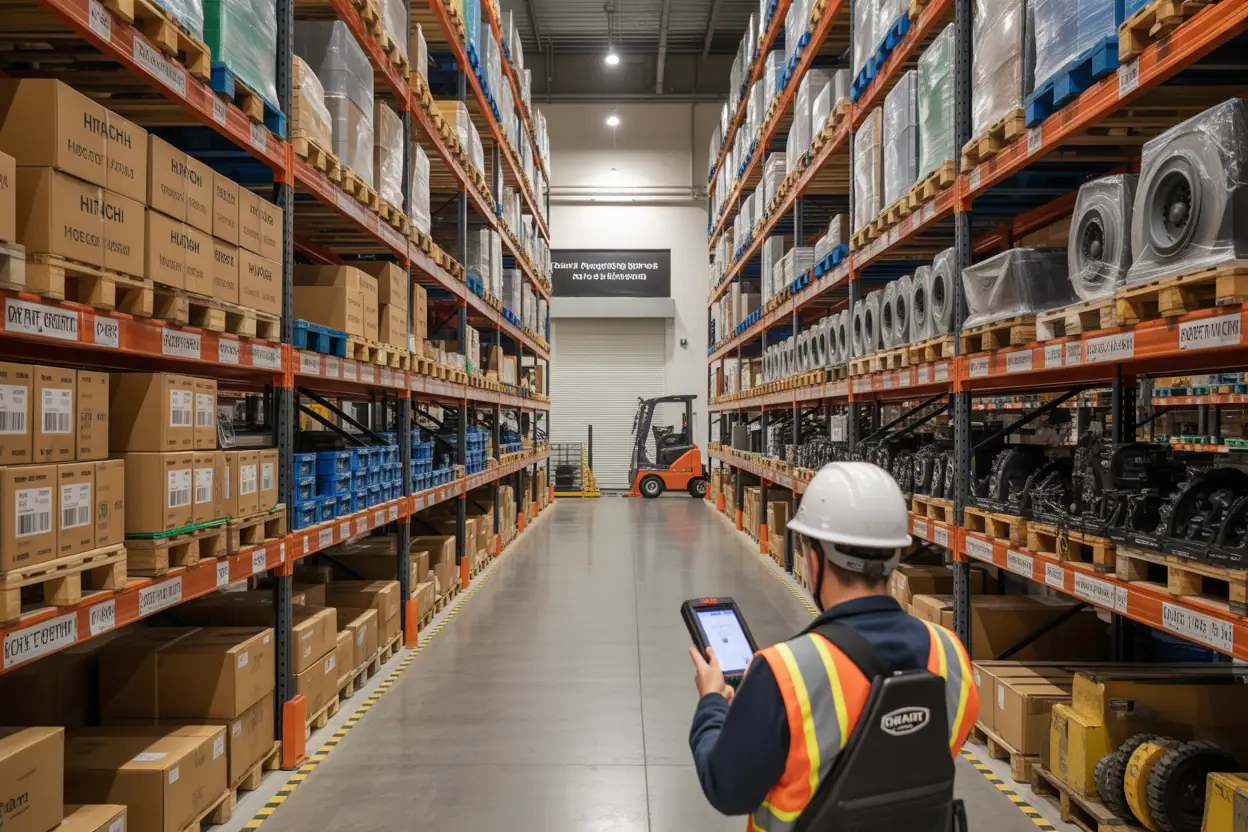 Centralized parts warehouse with organized inventory of earthmoving equipment components for multiple brands and shared fleet access