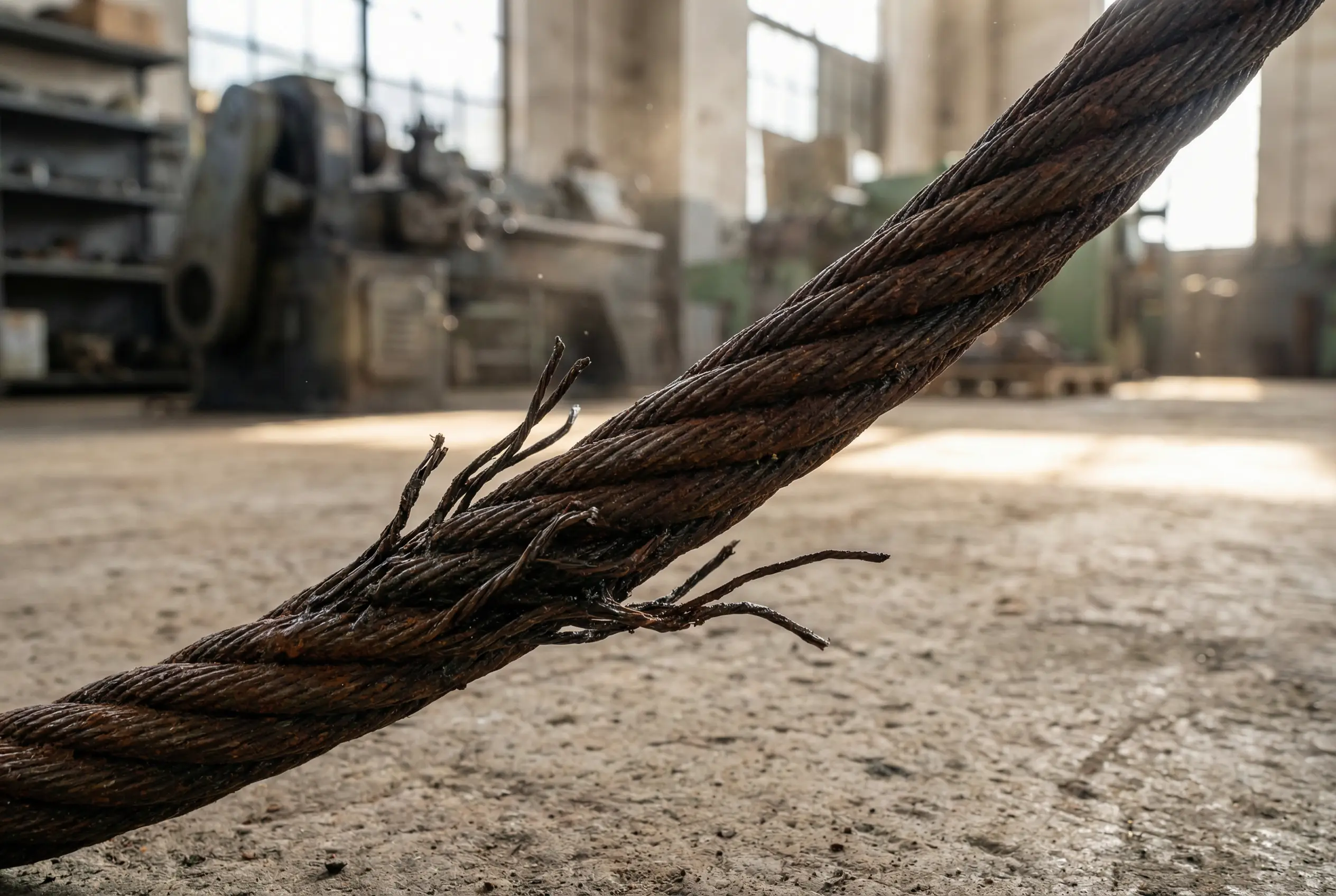 Close-up of damaged crane wire rope with broken steel strands and corrosion showing signs of wear requiring immediate replacement