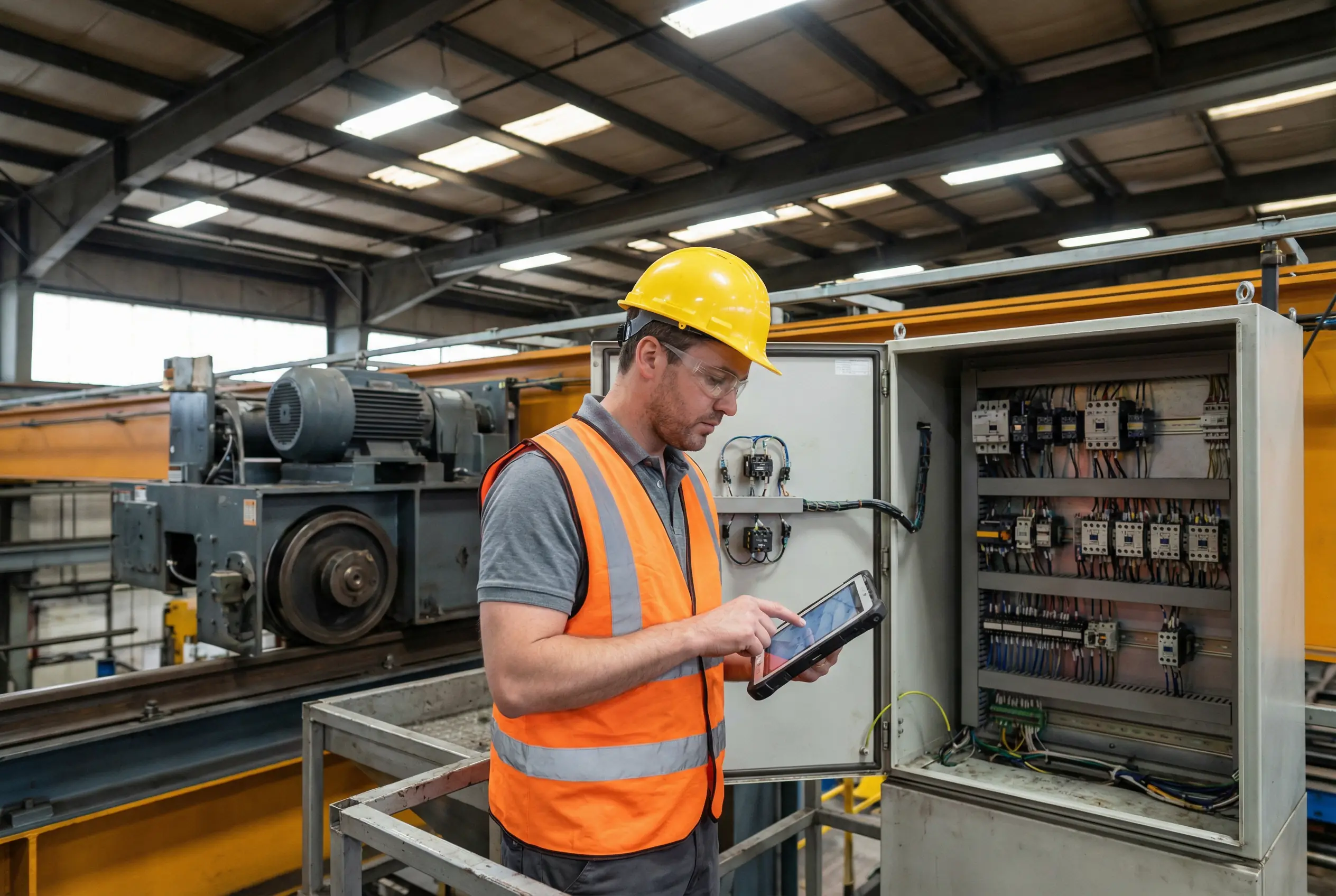Crane maintenance technician inspecting electrical components with tablet for preventive maintenance tracking and parts replacement scheduling
