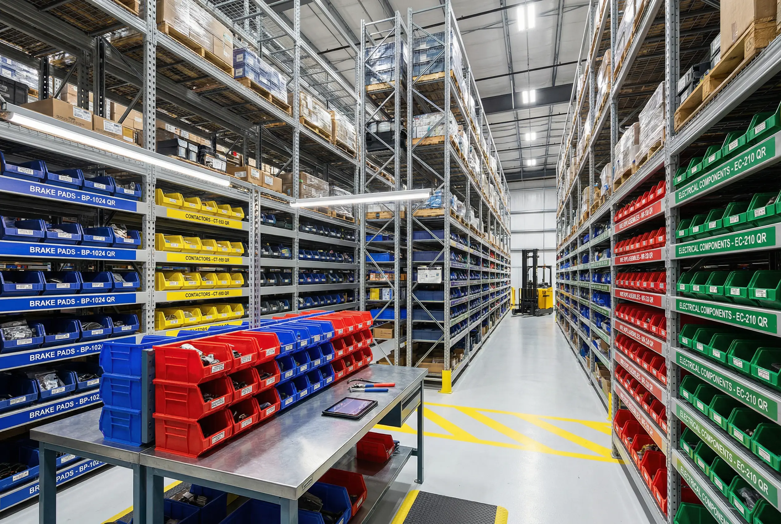 Industrial warehouse showing organized crane parts inventory with labeled shelving systems and emergency stock for maintenance operations