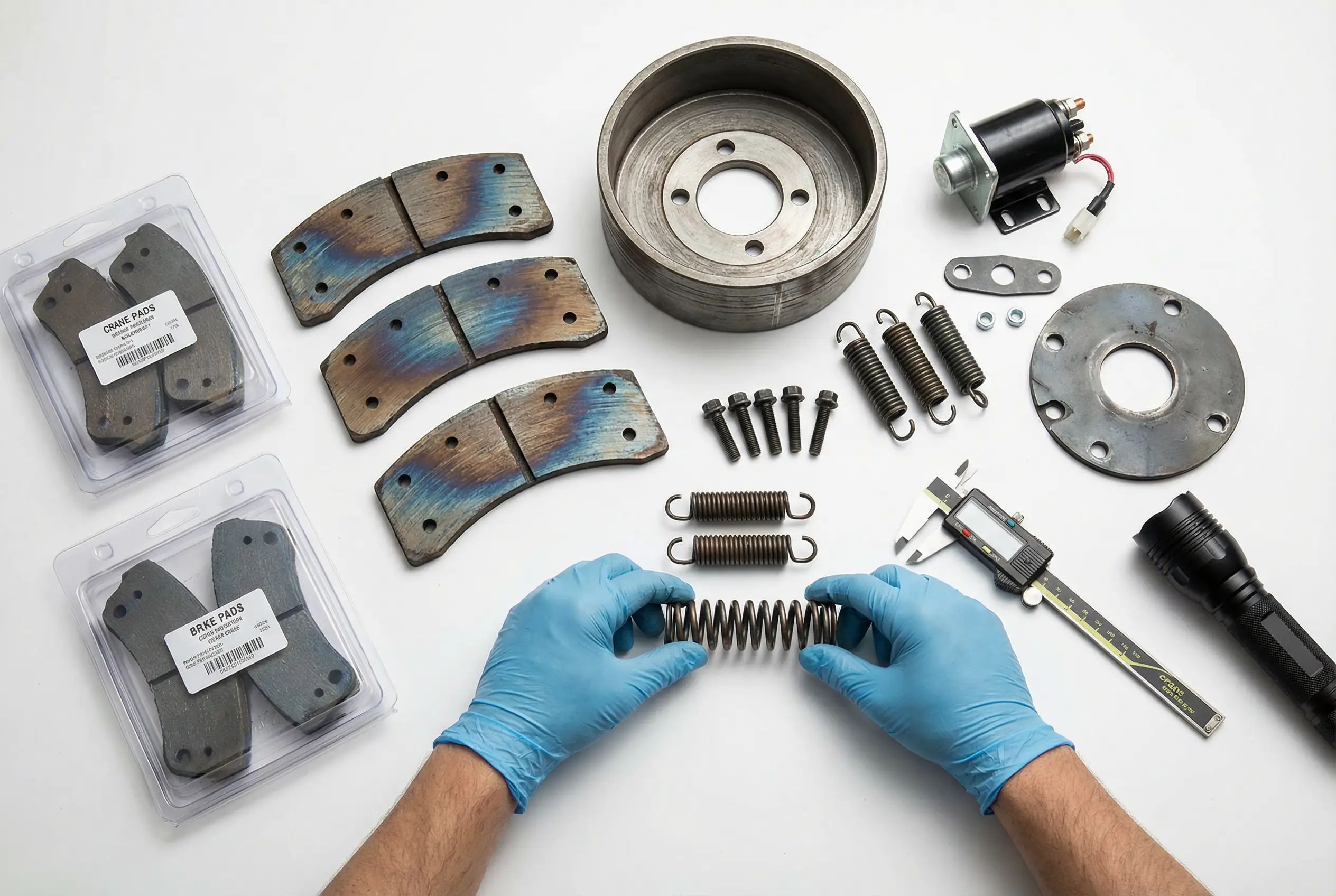 Crane brake assembly components showing worn brake pads and replacement parts for preventive maintenance and safety compliance