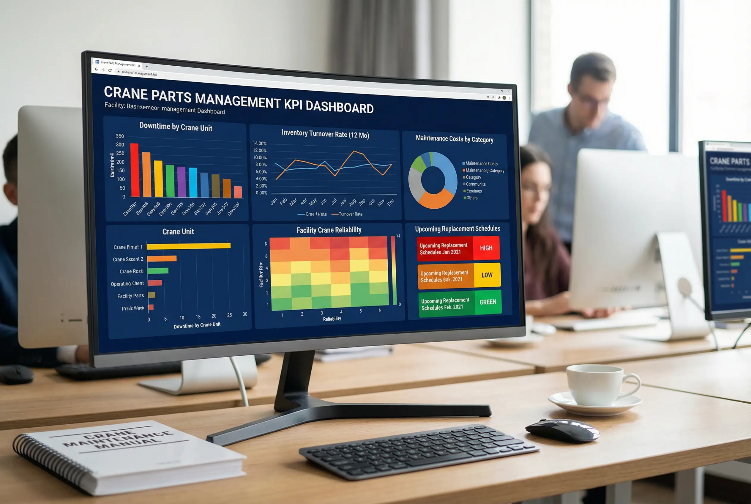 Computer screen showing crane maintenance KPI dashboard with performance metrics, downtime tracking, and parts inventory analytics