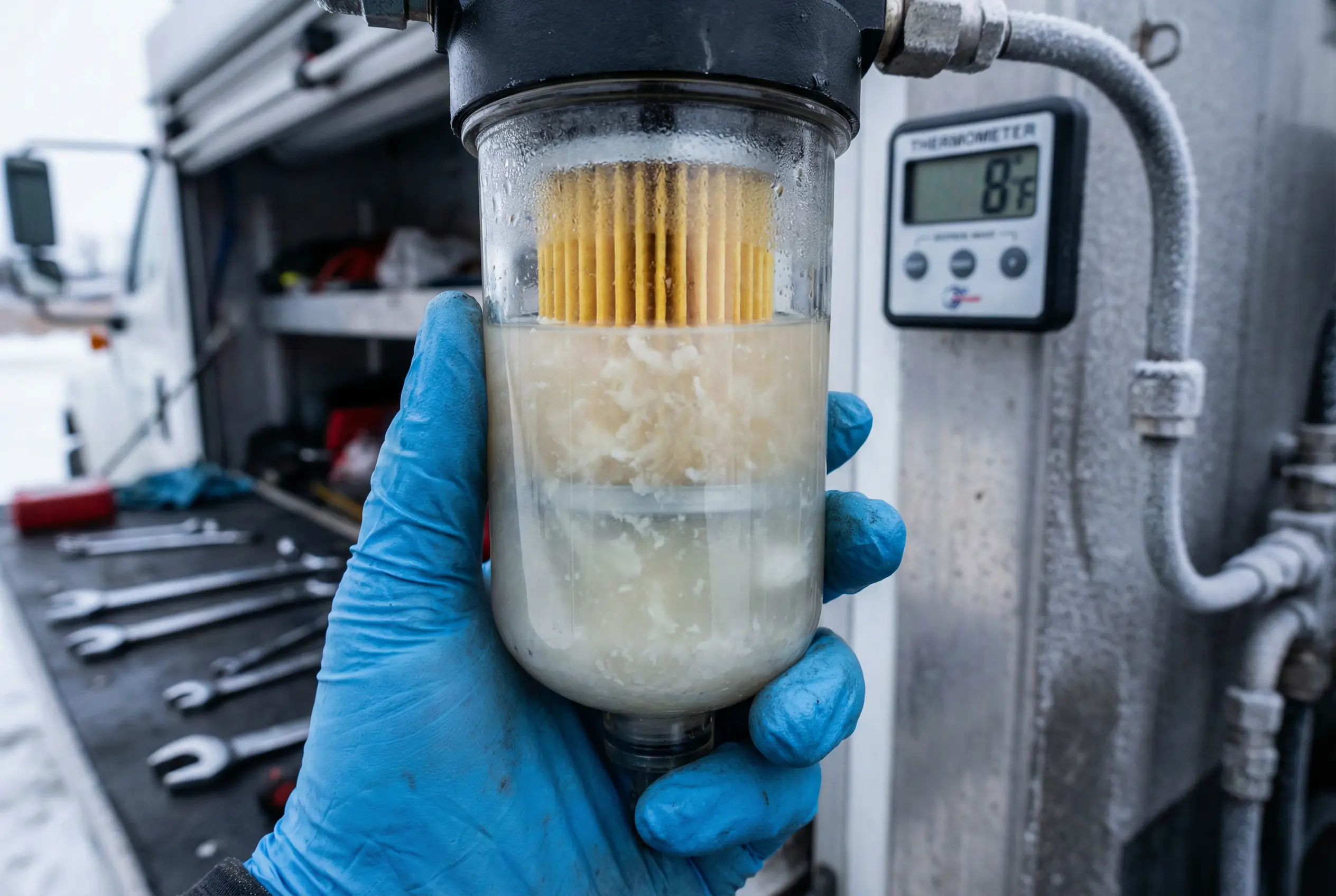 Diesel fuel gelling paraffin wax crystals clogged fuel filter construction equipment winter