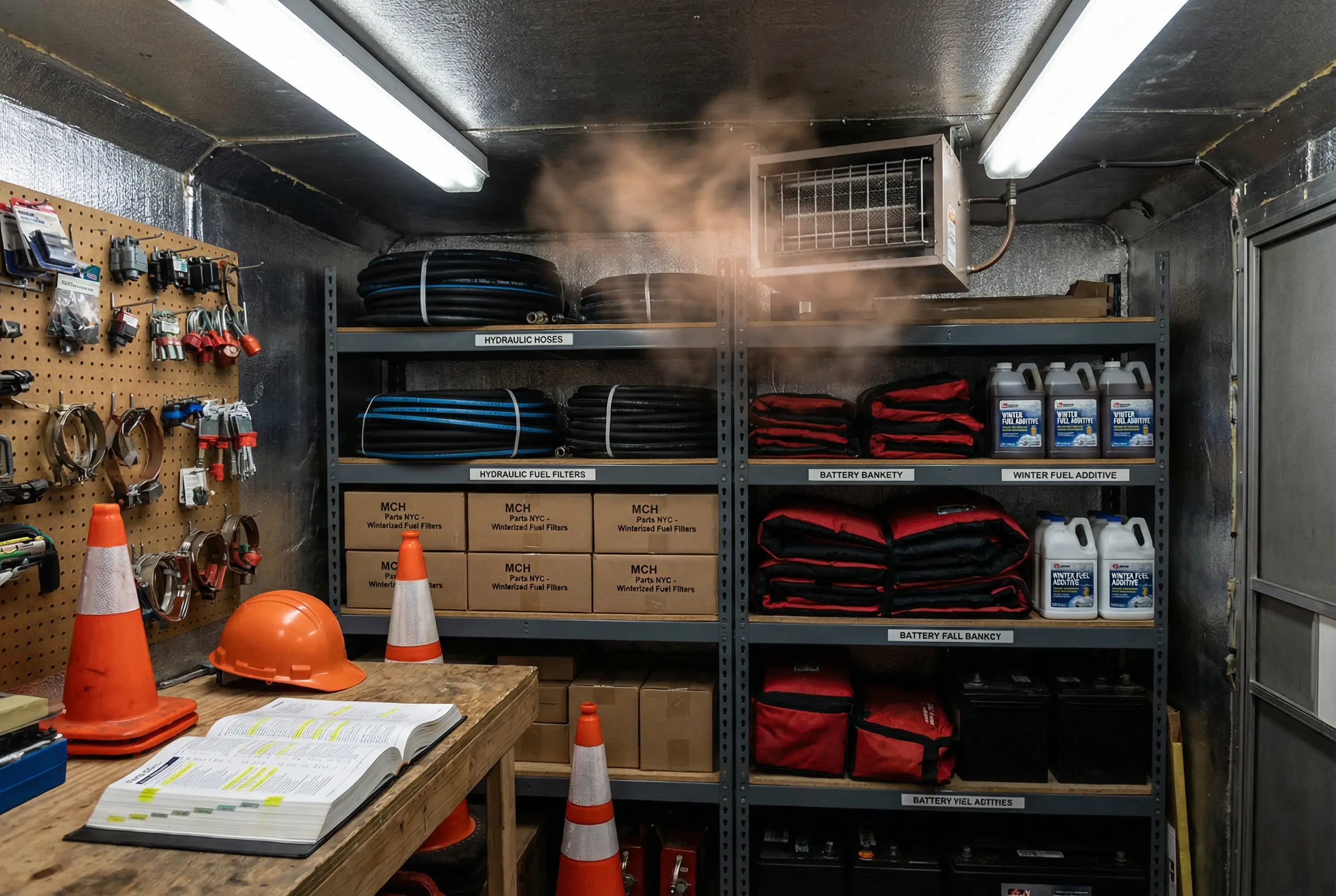 Winter construction equipment parts storage cold weather hydraulic hoses fuel filters battery heating NYC