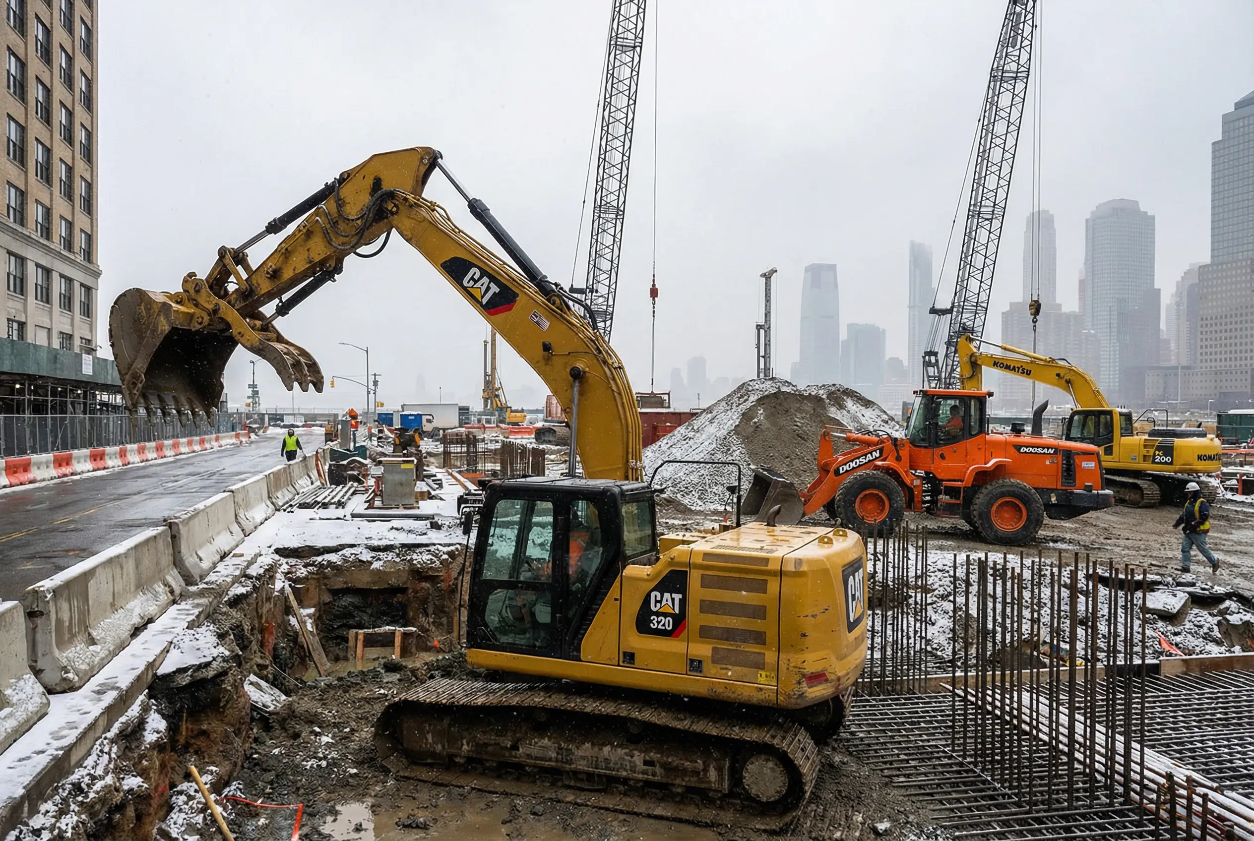 Active NYC construction site with Caterpillar and Komatsu excavators requiring emergency parts availability for continuous operations