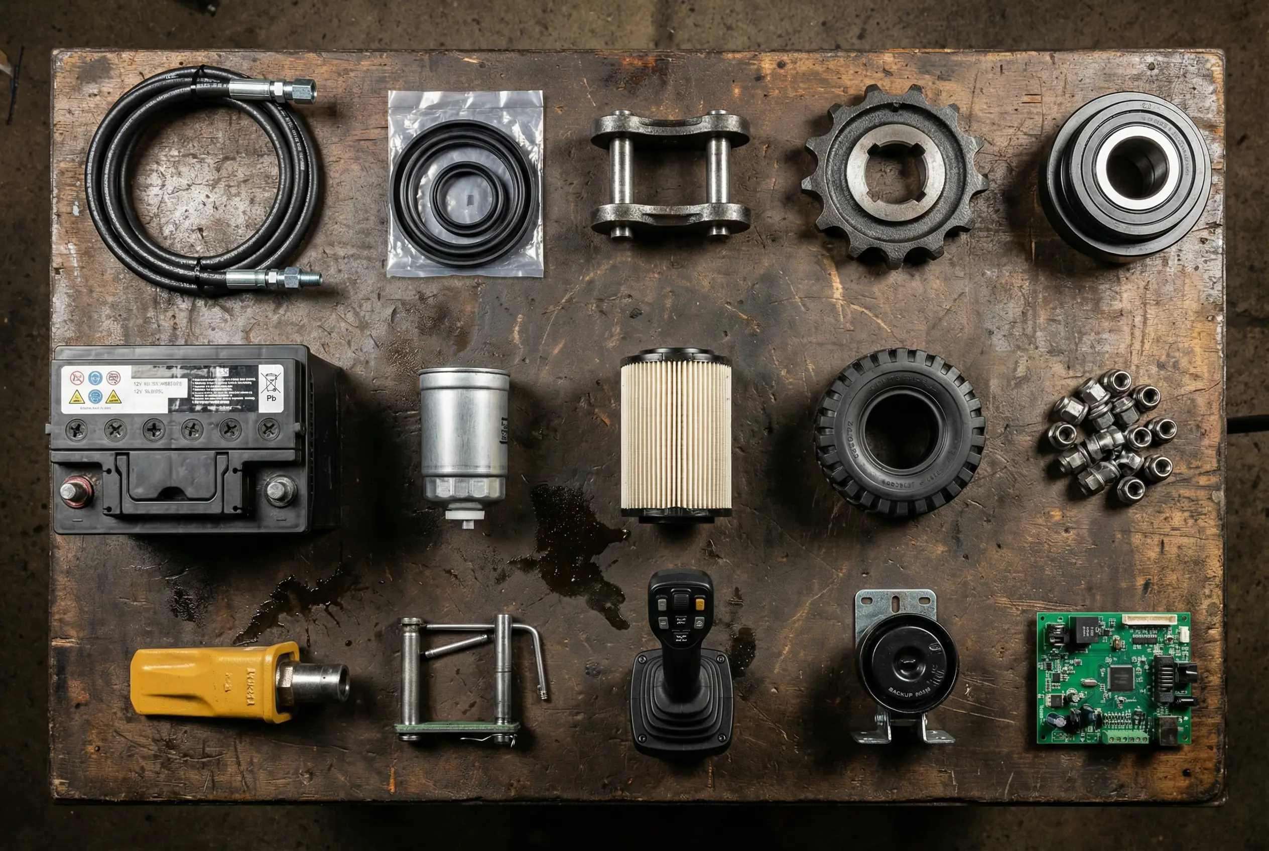 Collection of 15 essential heavy equipment replacement parts including hydraulic components track parts and electrical systems for emergency repair