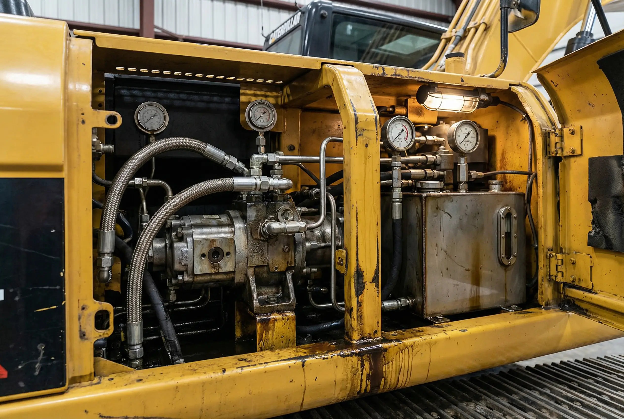 Caterpillar excavator hydraulic pump system showing hoses fittings and components requiring emergency replacement parts