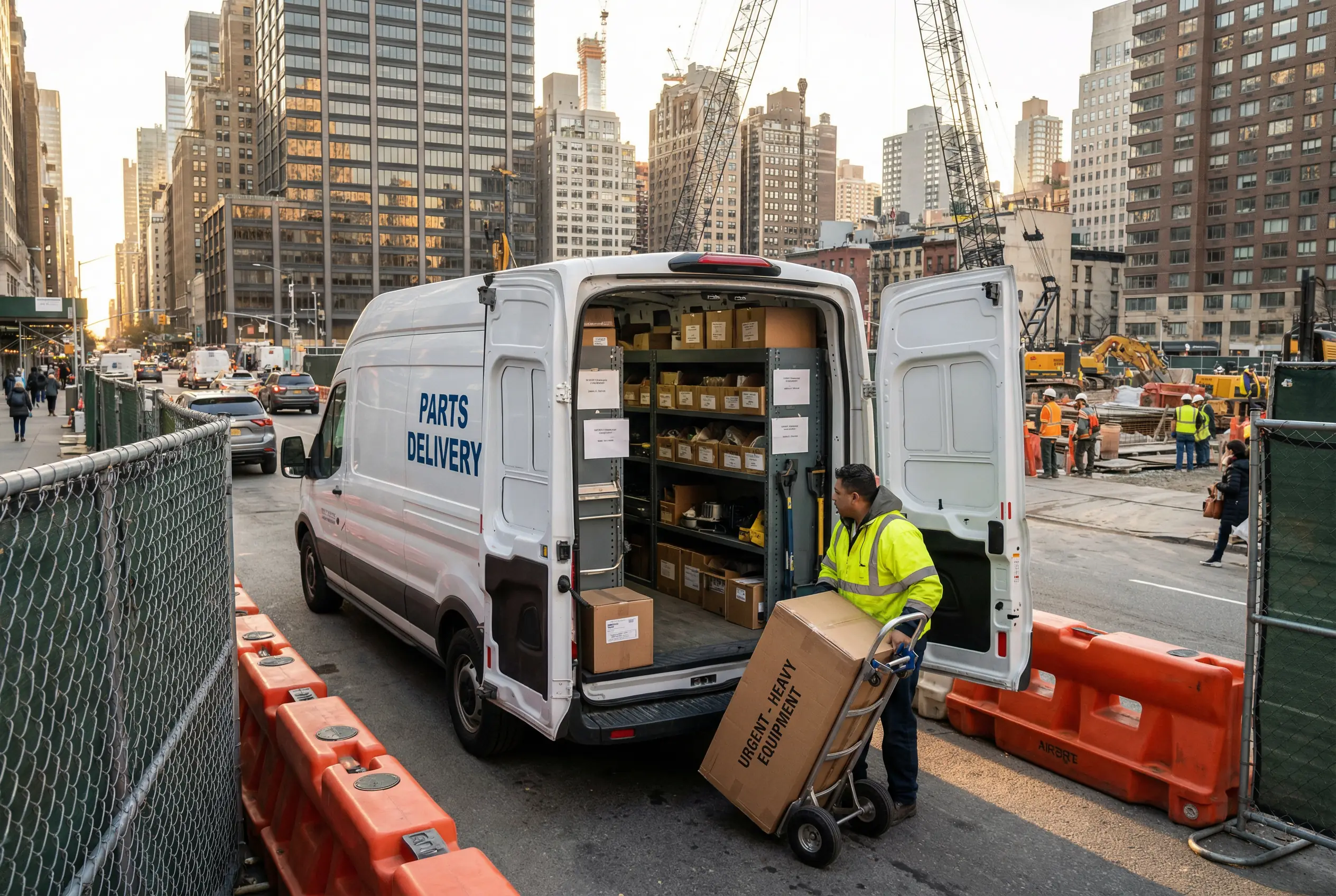 Emergency heavy equipment parts delivery van servicing NYC construction site with urgent industrial components