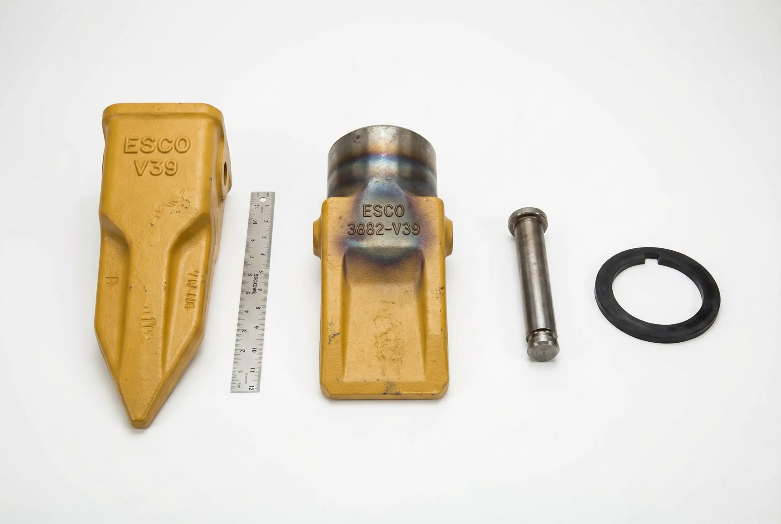 ESCO excavator bucket tooth system with adapter and retention pins for heavy equipment ground engagement tools