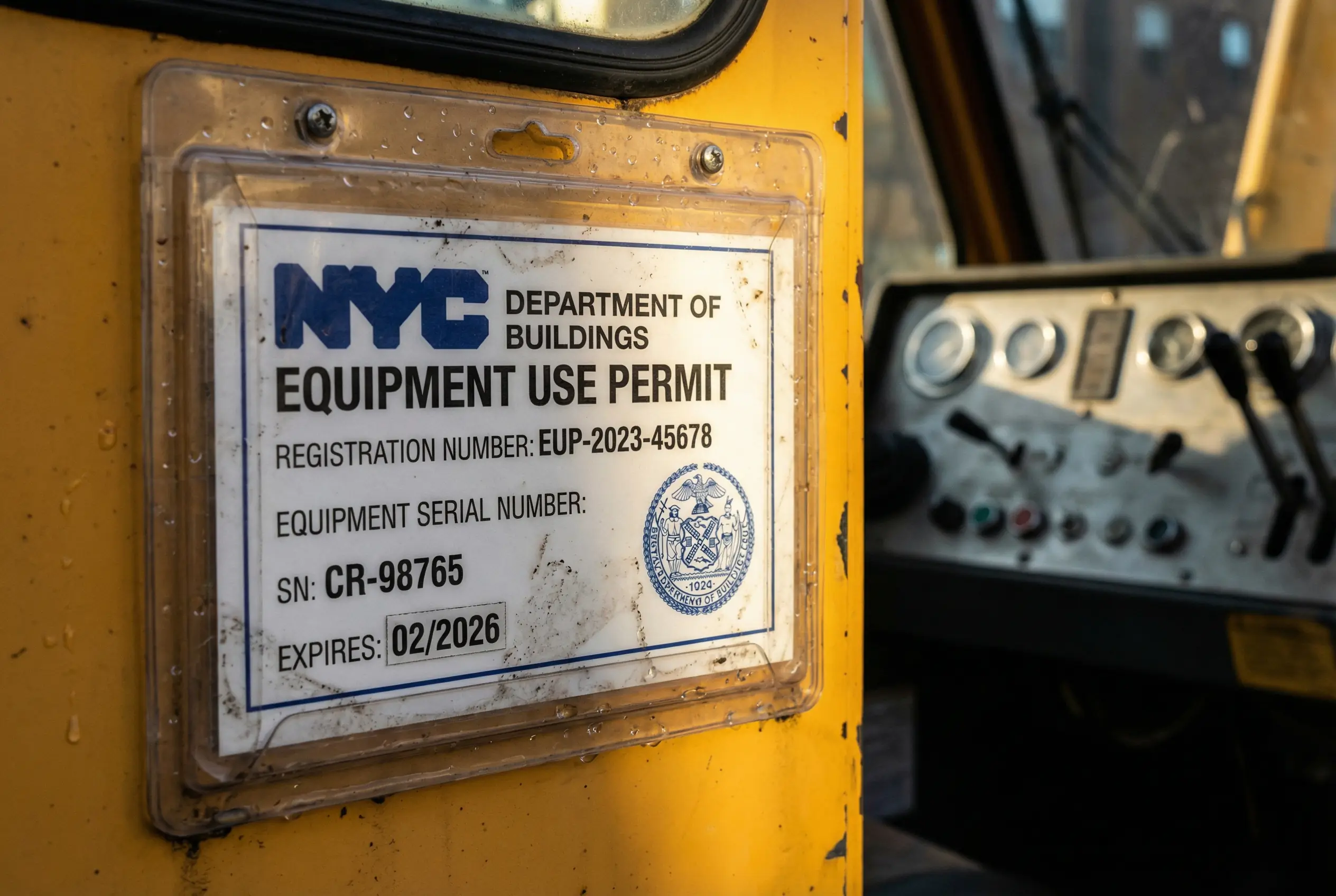 NYC DOB Equipment Use Permit card mounted on construction crane showing 2026 expiration date and registration details