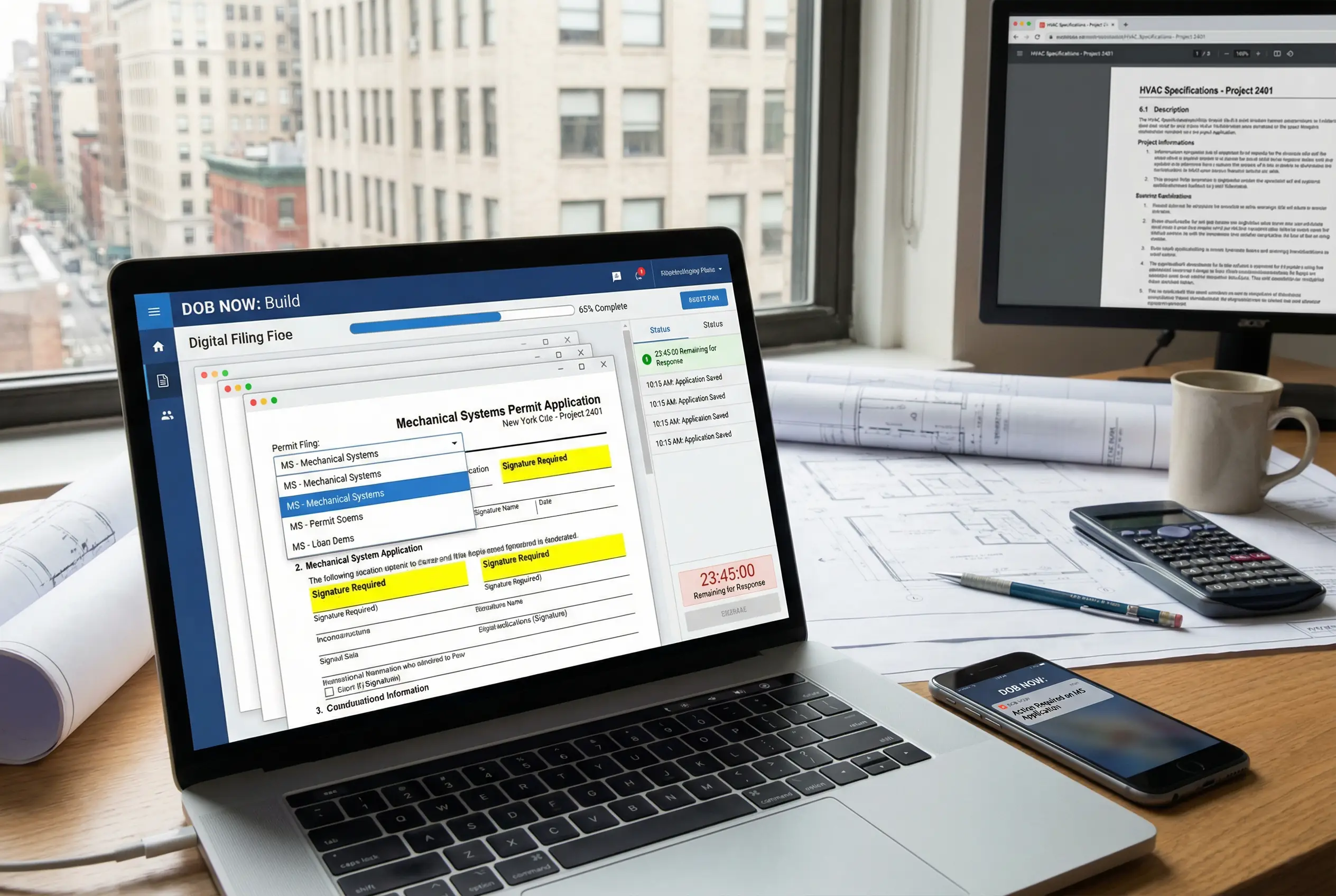 DOB NOW digital filing system interface on laptop showing mechanical systems permit application and compliance tracking