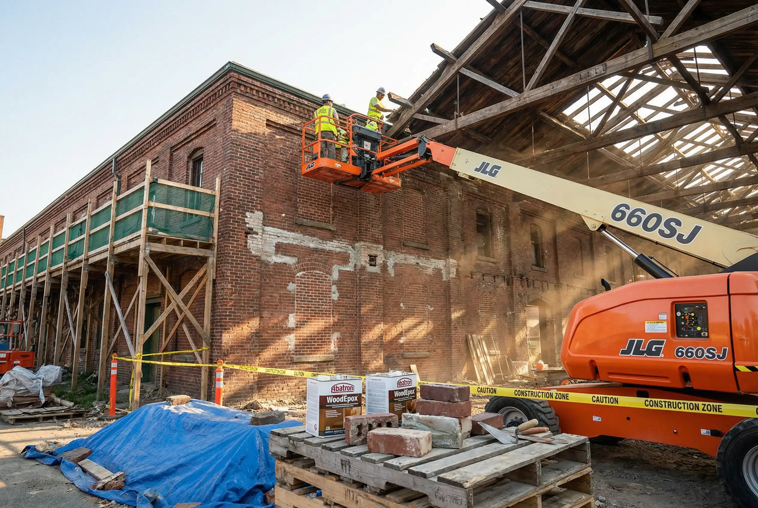 Construction workers on boom lift restoring historic brick and timber building at Brooklyn Navy Yard with scaffolding and preservation materials
