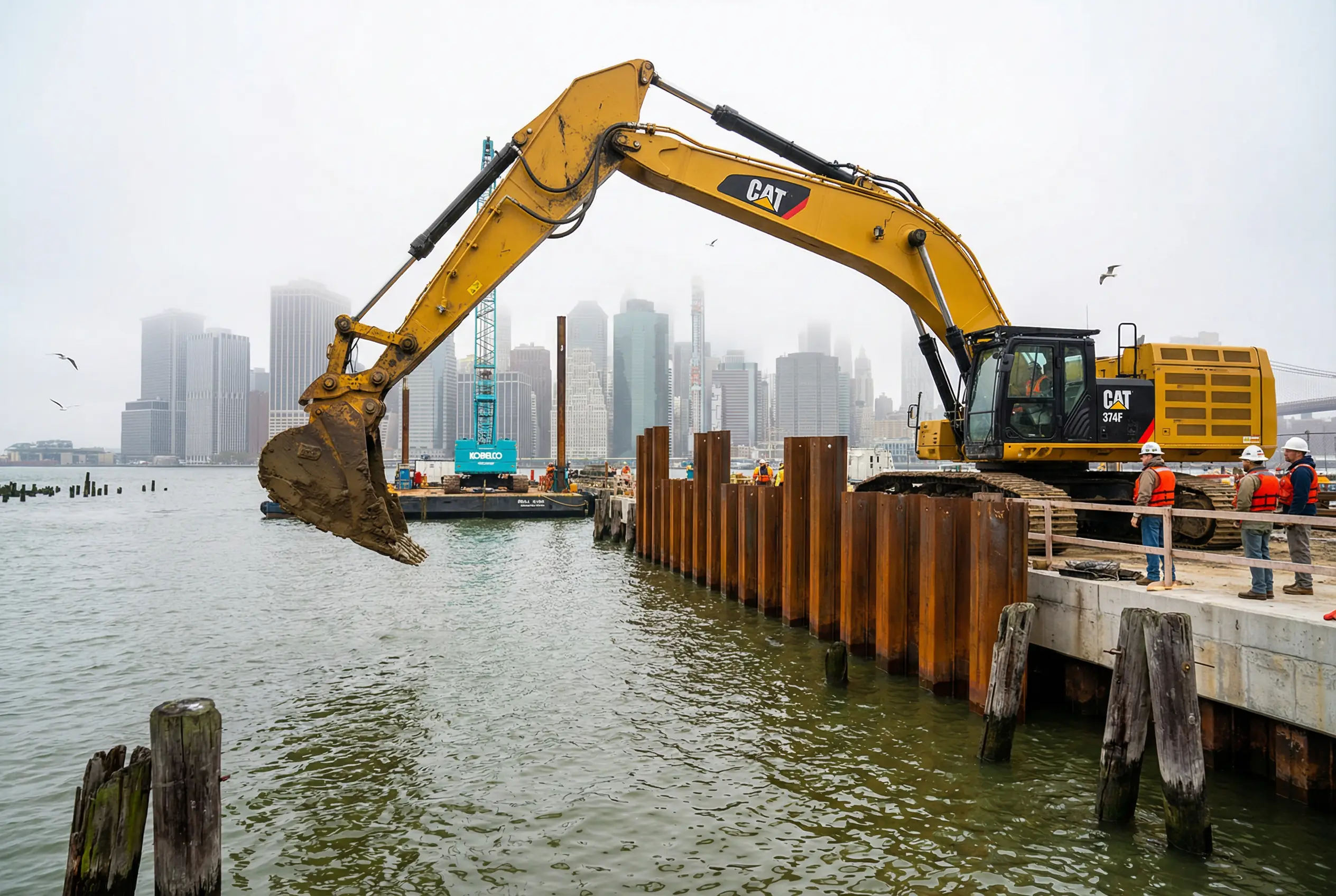 Caterpillar excavator performing bulkhead rehabilitation work on Brooklyn Navy Yard waterfront pier with pile driving equipment and East River background