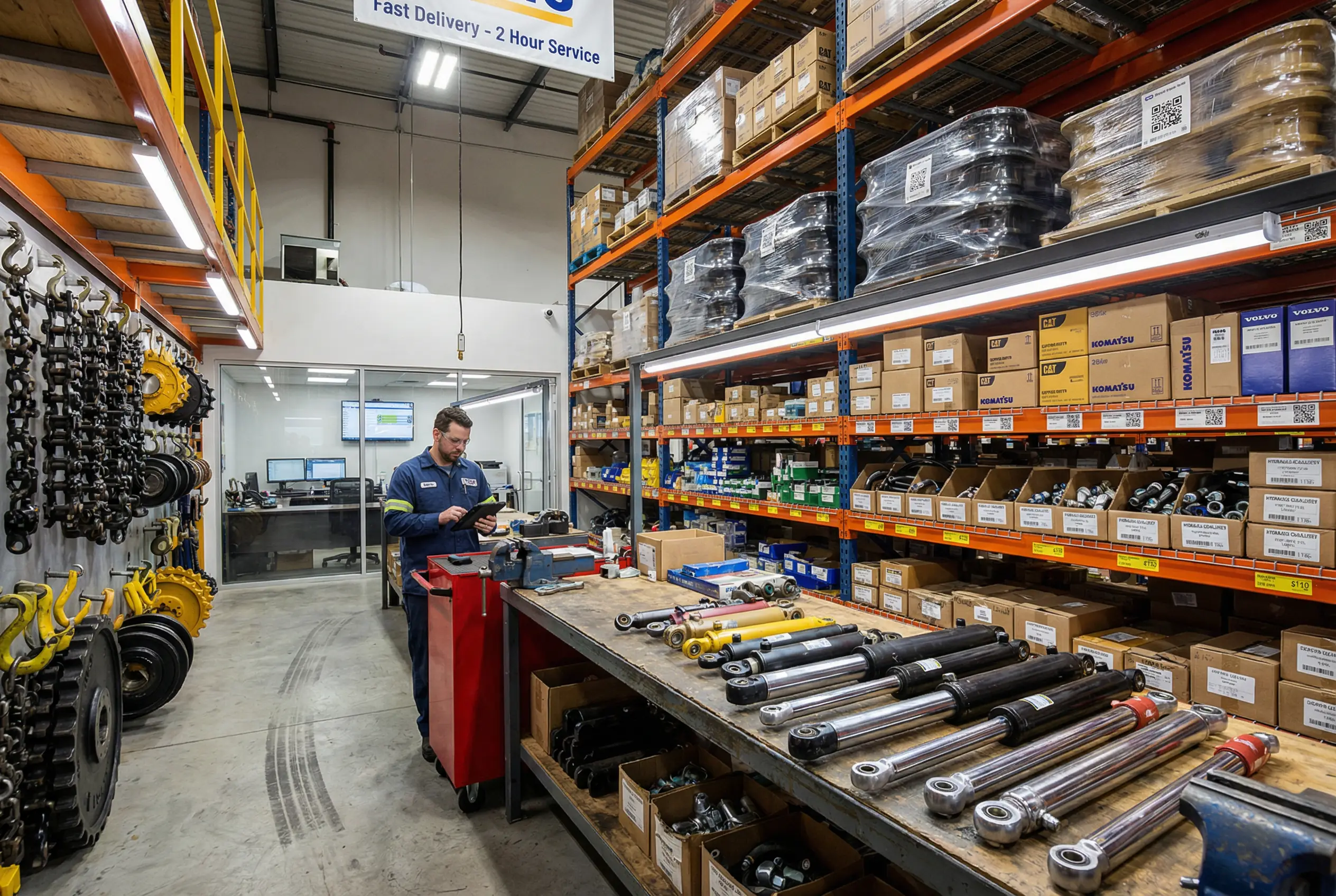 Construction equipment parts warehouse interior showing organized shelving with hydraulic cylinders, filters, undercarriage components and parts specialist