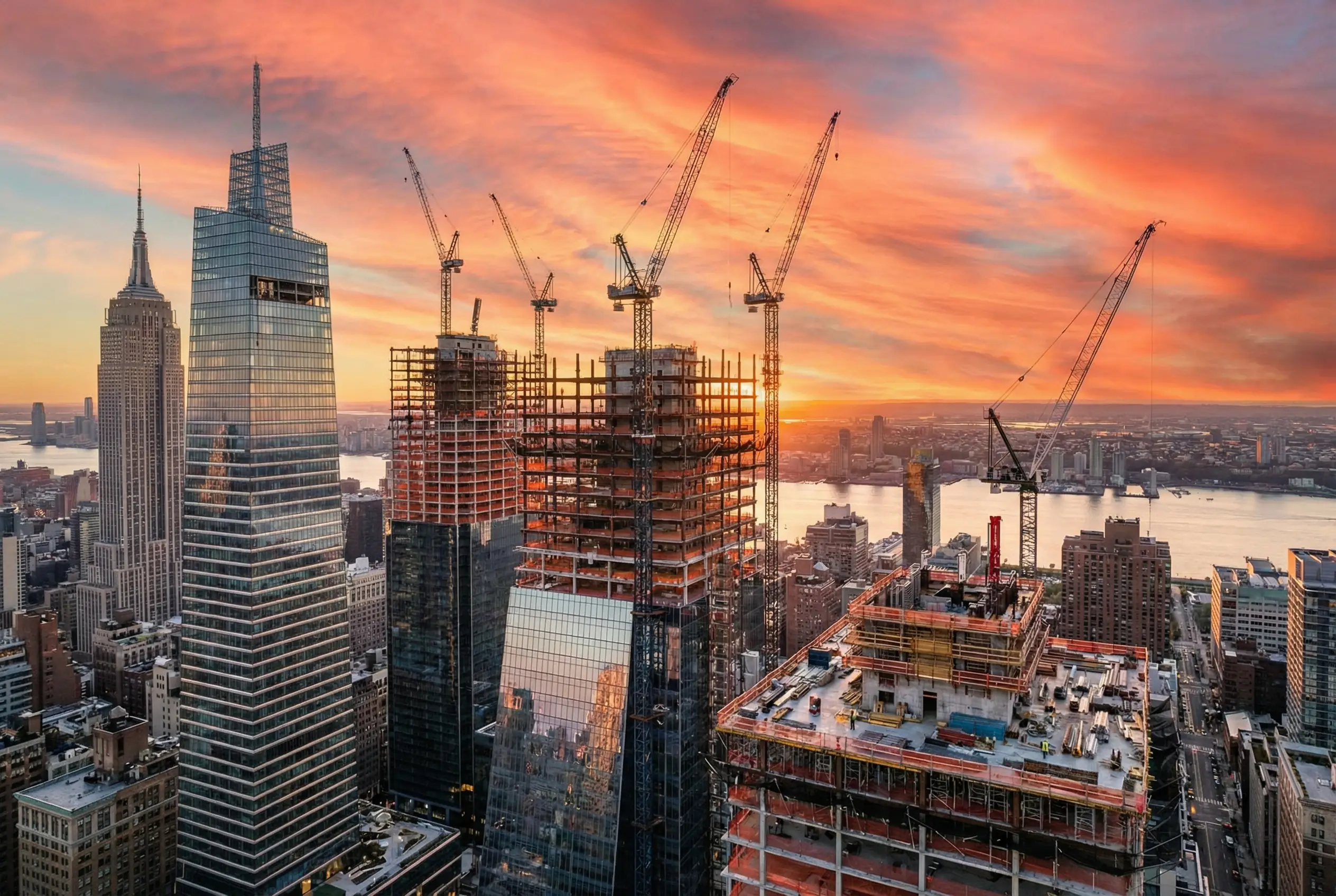 Aerial view of Manhattan skyline with multiple tower cranes at construction sites during sunset showing NYC high-rise building boom