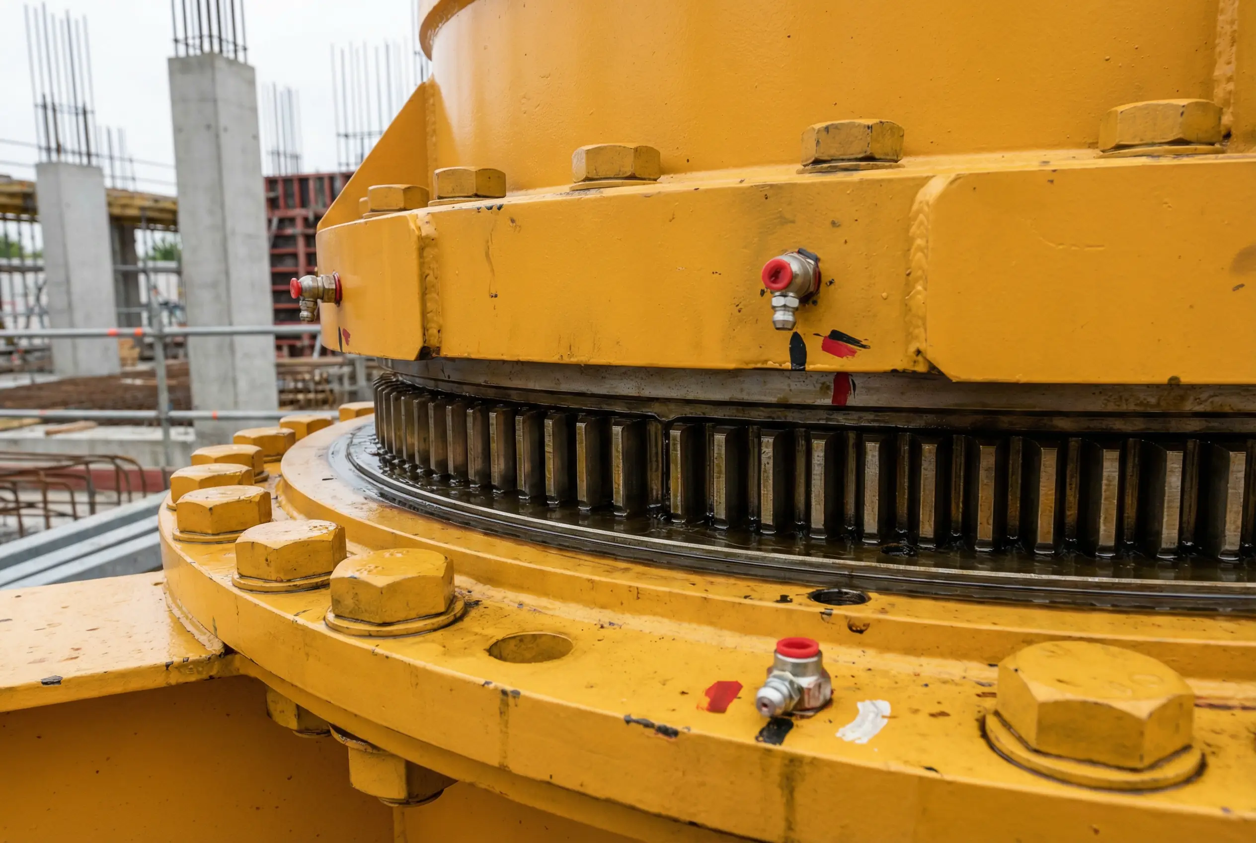 Close-up of tower crane slewing ring bearing assembly showing gear teeth and mounting bolts for high-rise construction equipment