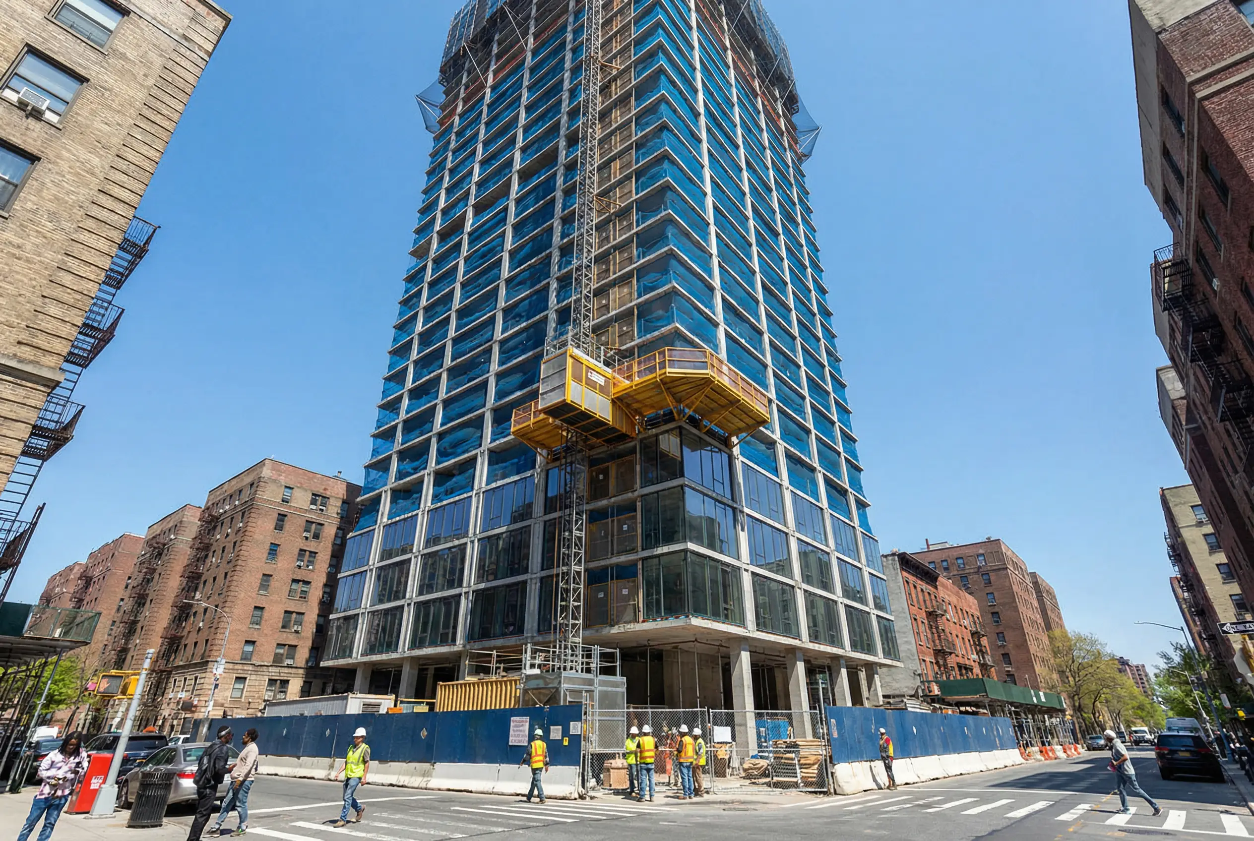 Brooklyn high-rise construction site with material hoist lift system on building exterior showing vertical equipment for tower projects
