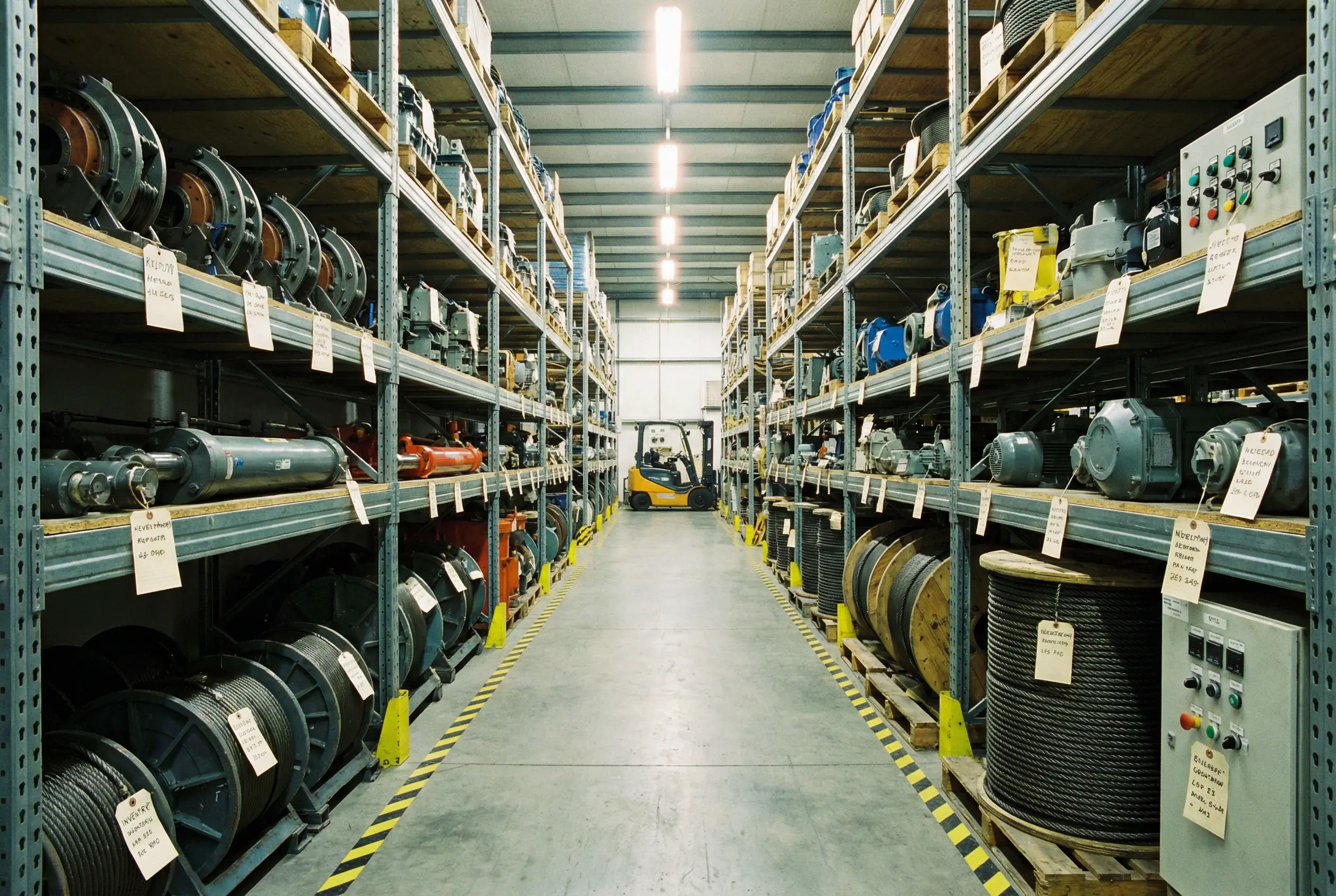 Construction equipment parts warehouse with tower crane components on industrial shelving for NYC high-rise projects