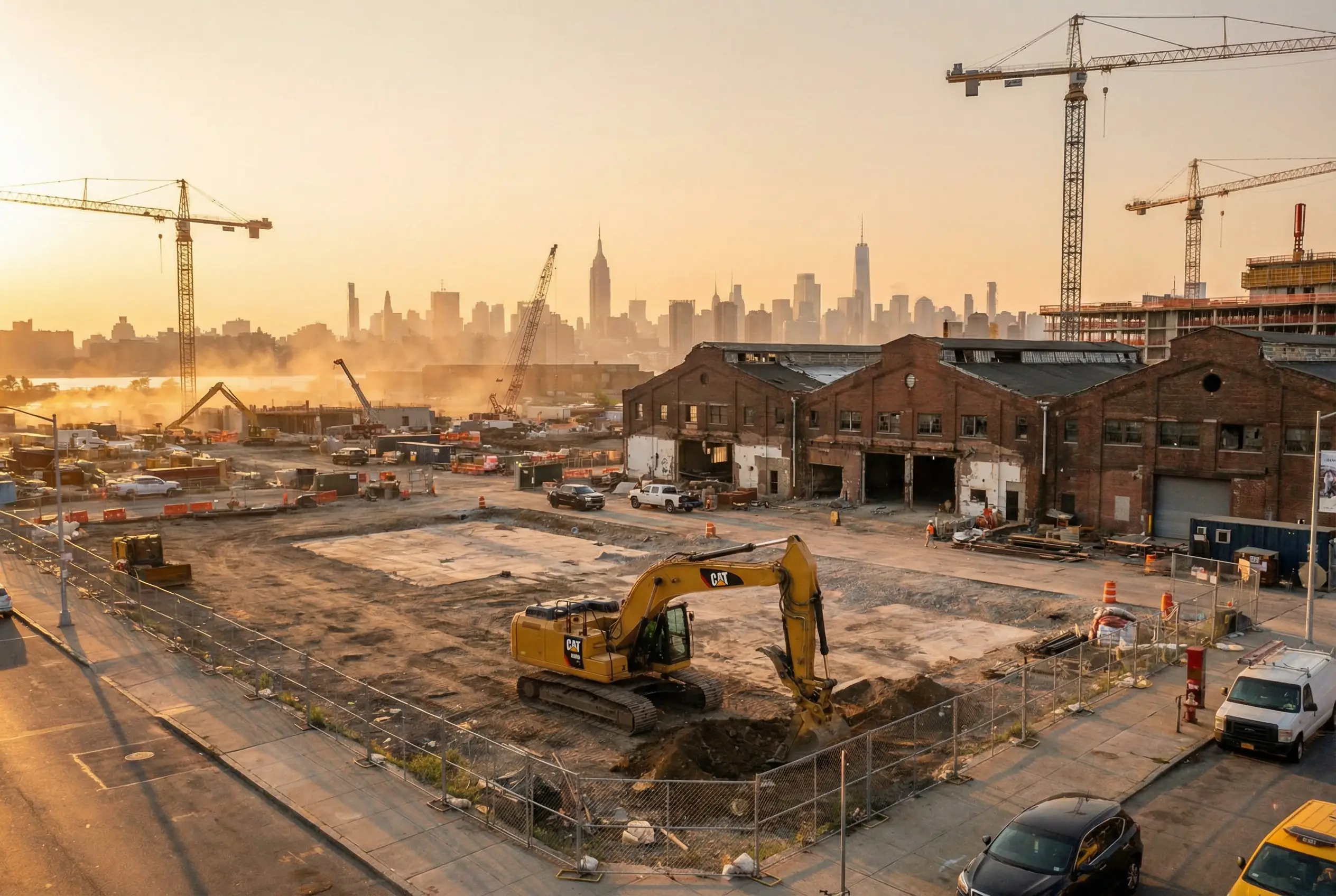 Aerial view of active construction site in Queens NYC with excavator and tower cranes at golden hour