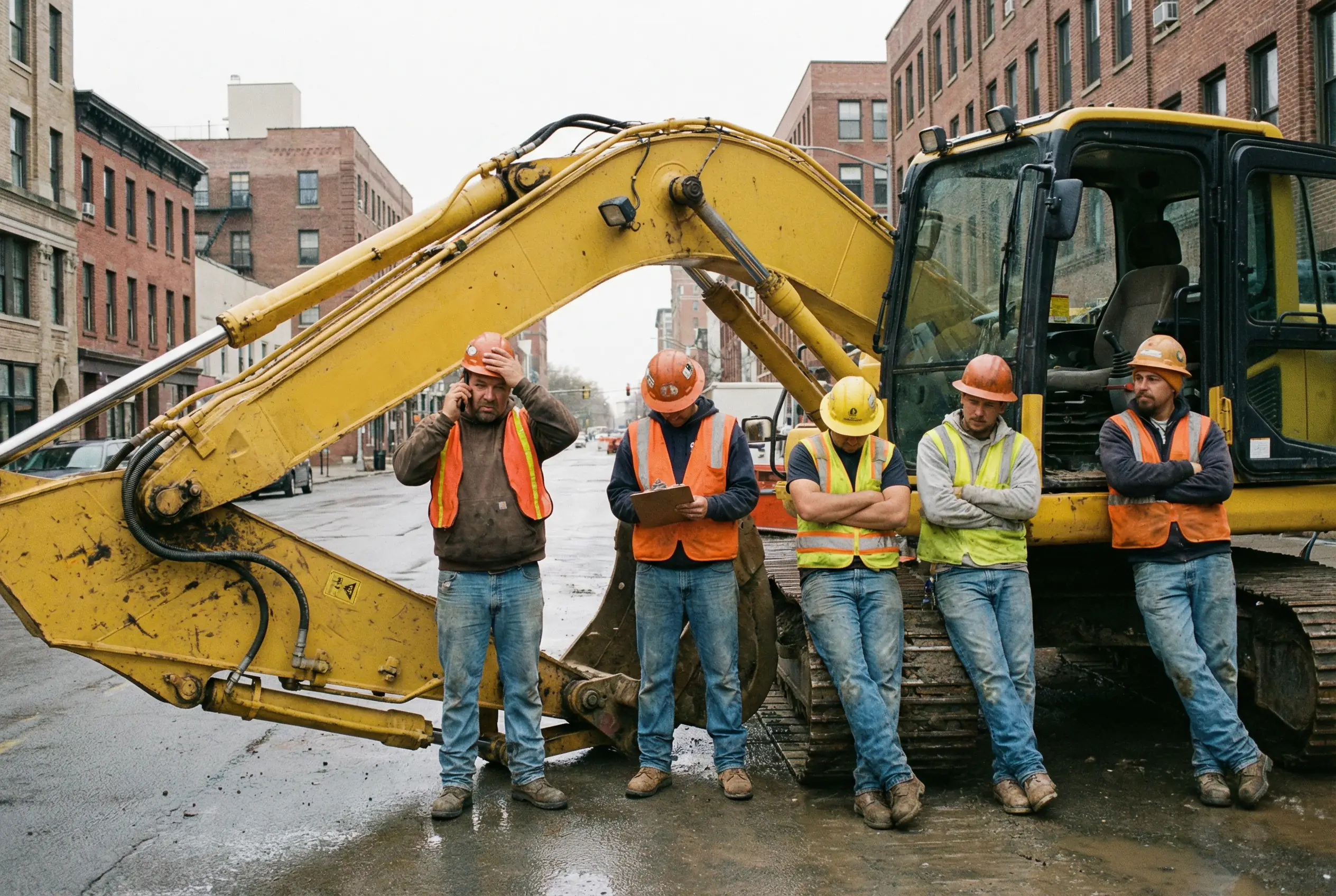 Construction crew standing idle next to broken down excavator on NYC job site