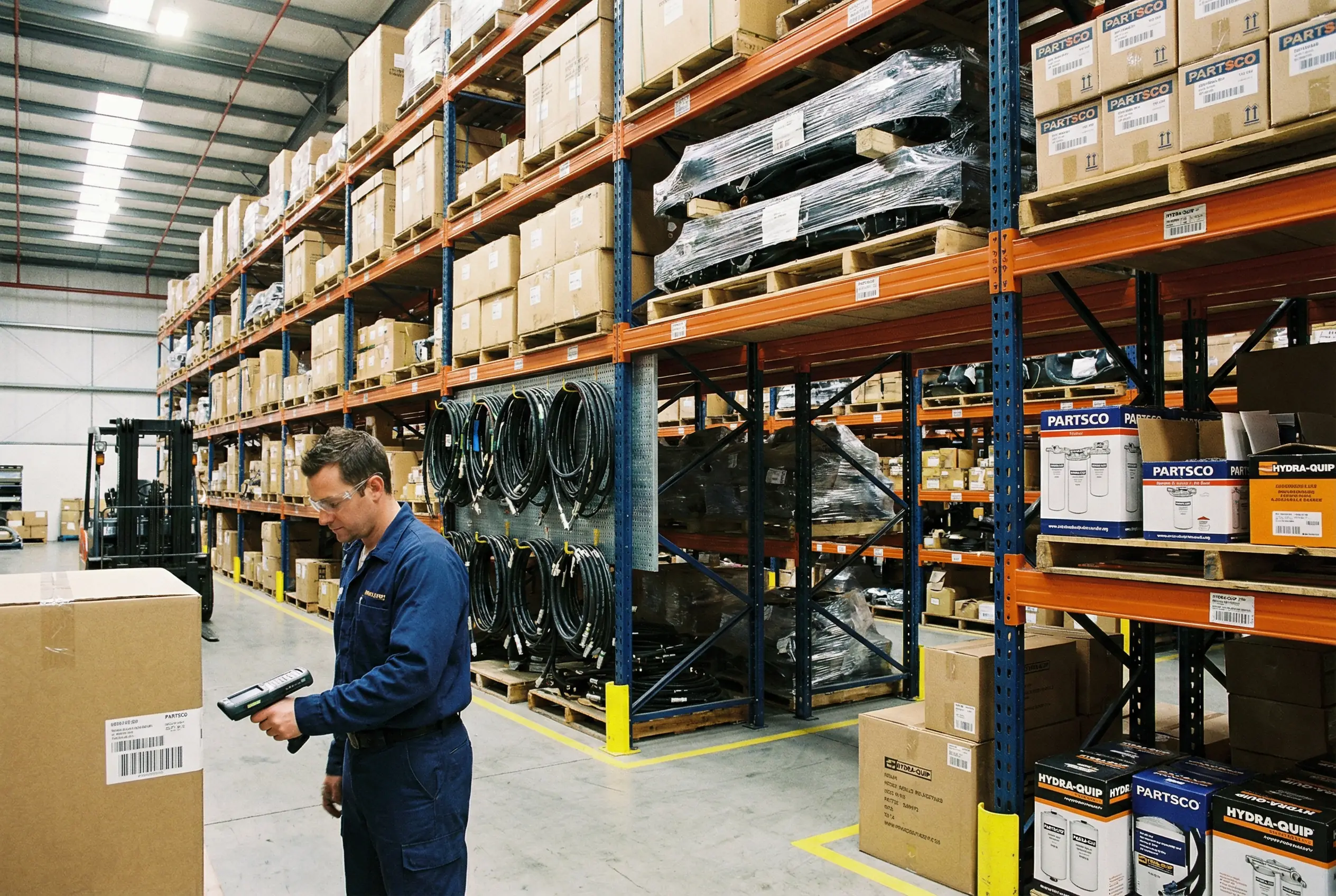 Industrial heavy equipment parts warehouse with shelves of undercarriage components hydraulic hoses and filters with worker scanning inventory