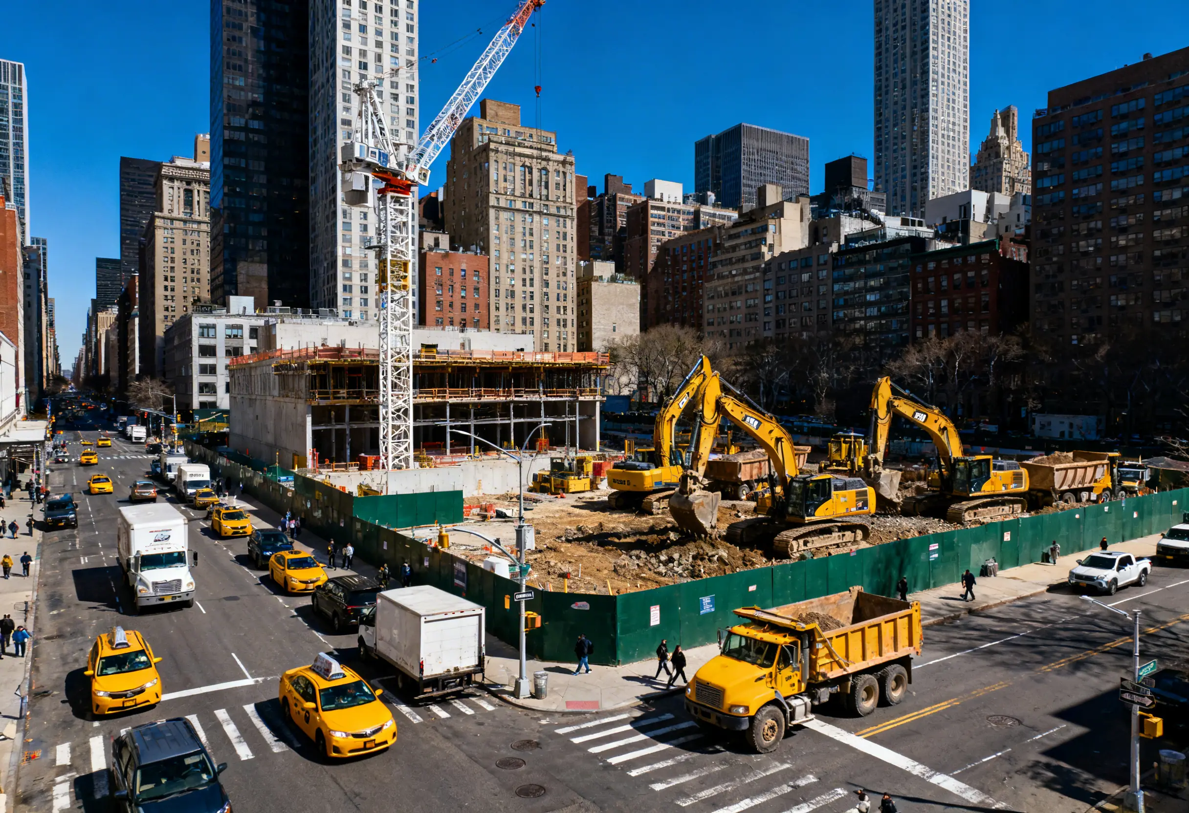 Aerial drone view of active construction sites in midtown Manhattan with cranes and excavators among city streets