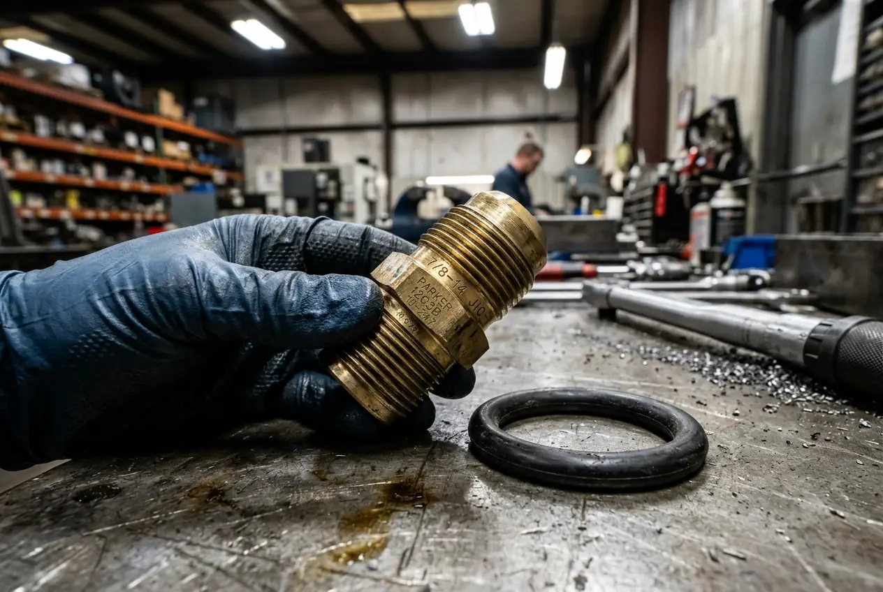 Close-up OEM hydraulic fitting and seal on industrial workbench with part number visible