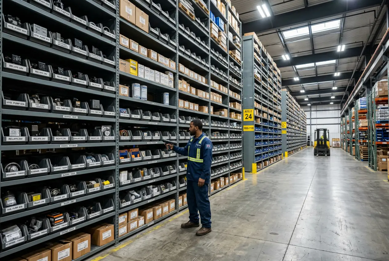 Industrial parts warehouse interior NYC with organized shelving spare parts and warehouse worker scanning inventory