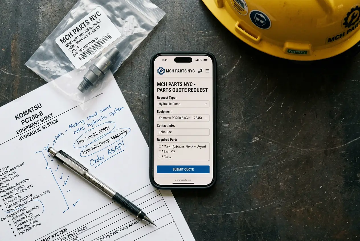Smartphone showing MCH Parts NYC quote request form next to equipment spec sheet and hydraulic part flat lay