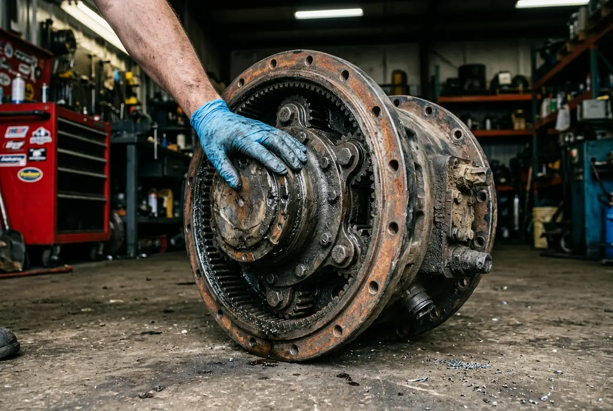 Close-up of a heavy excavator final drive planetary gear assembly with visible grease buildup and surface rust on a concrete workshop floor.