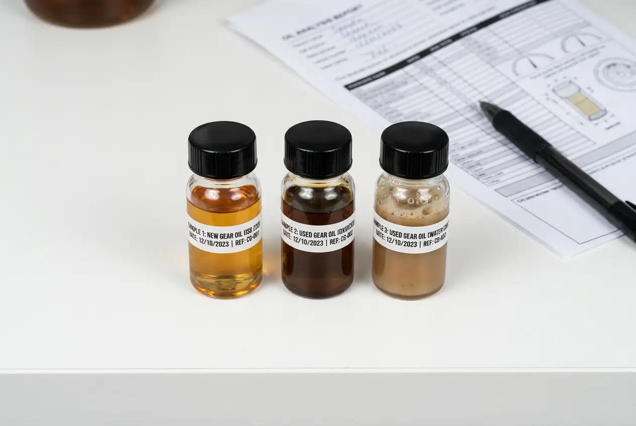 Three glass vials showing clean amber, dark oxidized, and milky contaminated gear oil samples side by side on a white laboratory surface.