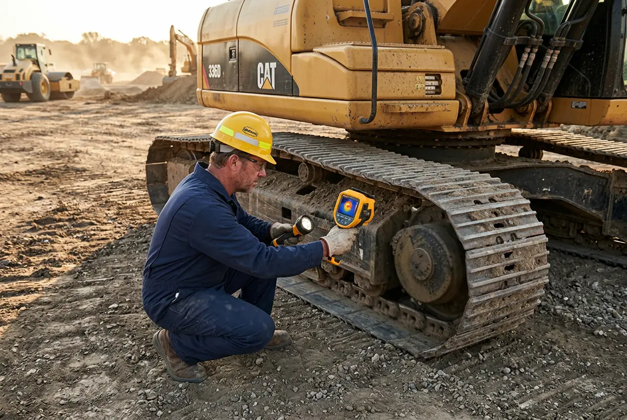 Technician in hard hat and coveralls using a yellow infrared thermal camera to inspect an excavator final drive for heat anomalies on a dusty job site.