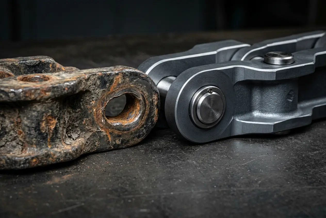 Side-by-side comparison of a new boron-steel track link and a worn, oxidized used track link on a dark surface.