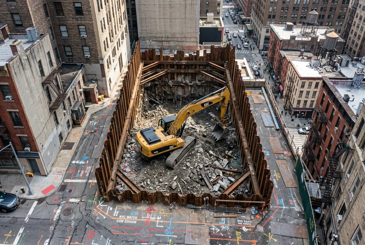 Aerial view of an excavator making a pivot turn inside a tight urban construction excavation surrounded by existing Manhattan or Brooklyn buildings.