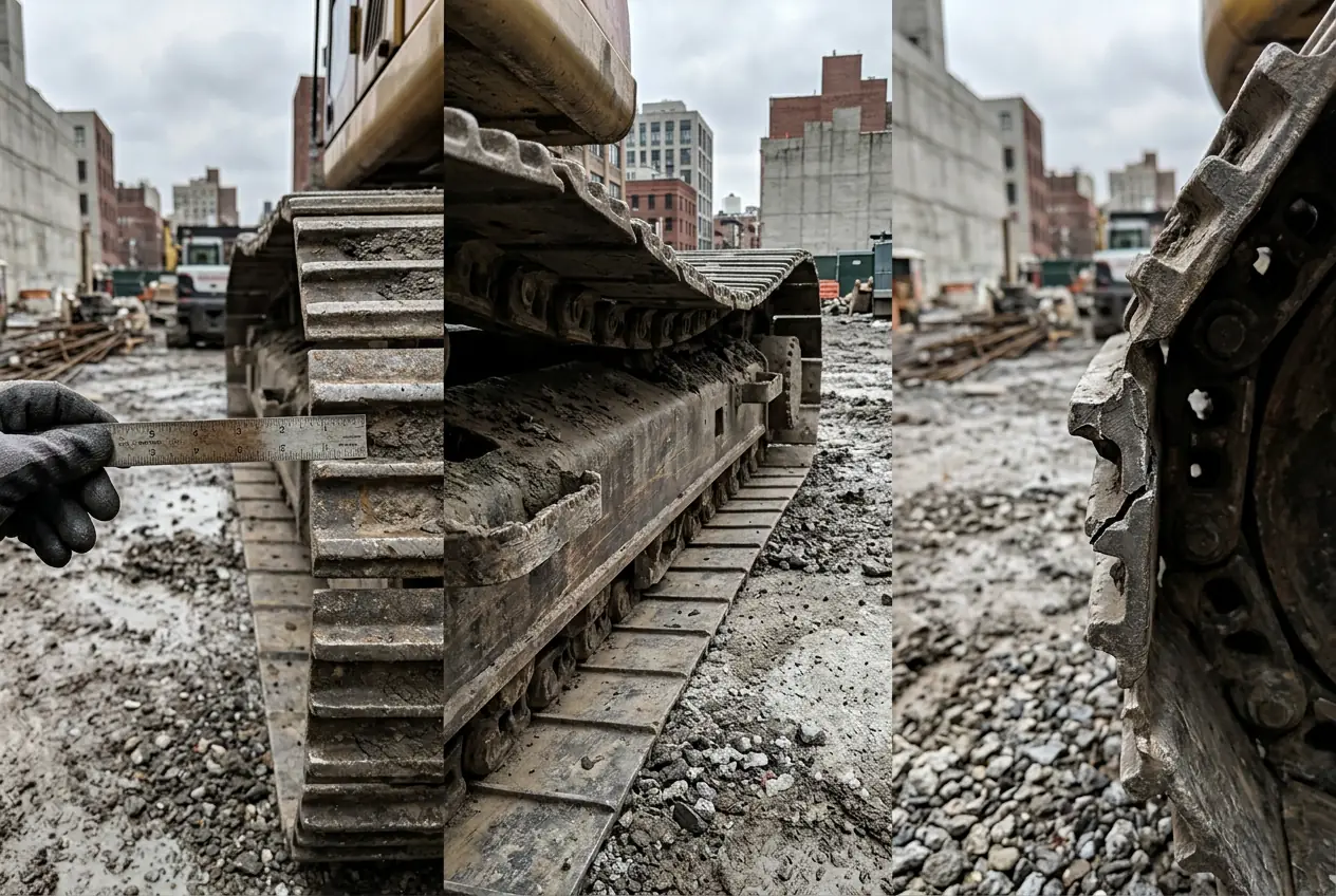 Close-up of a worn excavator steel track showing link elongation, sagging, and a cracked track link on a job site.